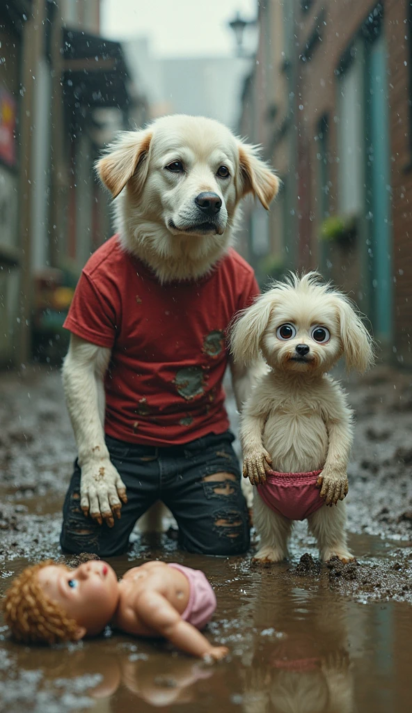 A bony white dog crying, dressed in a pink blouse and blue jeans, walking with a child in the rain