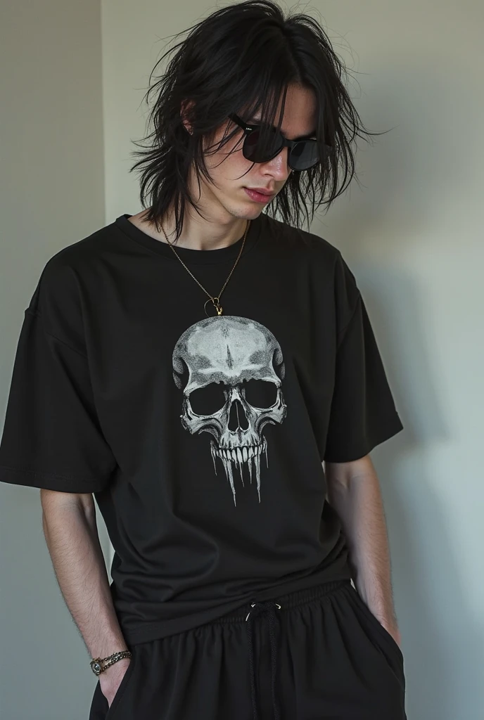 Fully facing the viewer is a fashion editorial style boy wearing an oversized black t-shirt with intricate baroque patterns intertwined with modern graffiti, a mix of Amiri’s edgy style and NoirÉclat’s elegance. High fashion, streetwear, 3D oversized t-shirt mockup.