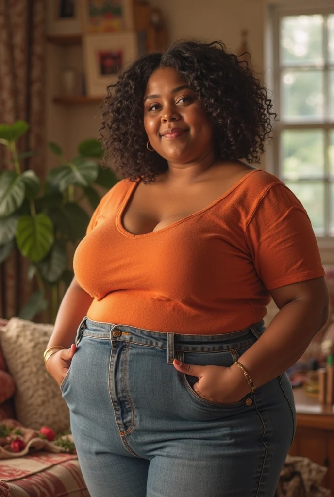 Fat black woman in patchwork clothes sitting laughing at night