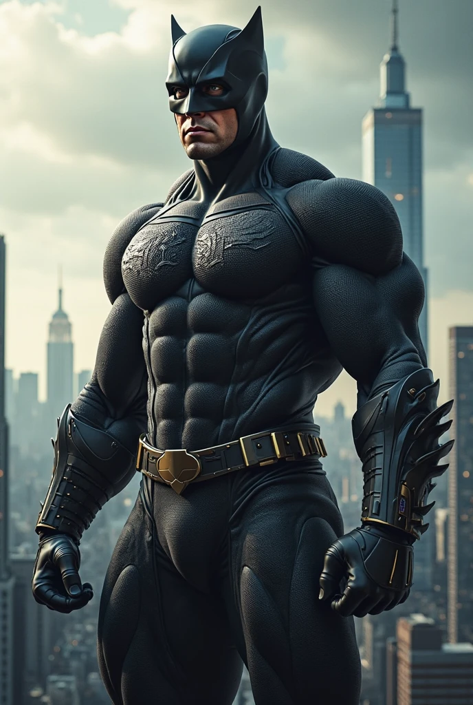 A photorealistic image of a highly muscular Batman standing in a dramatic pose in the dimly lit streets of Gotham City. Batman should have exaggerated muscles, showcasing his peak physical condition. His costume should be detailed, with the iconic bat symbol, utility belt, and cape. His facial expression should be stern and focused, embodying the essence of the Dark Knight. The background should feature elements of Gotham City, such as skyscrapers, the Bat-Signal in the sky, and perhaps a glimpse of the Batmobile parked nearby. The lighting should highlight Batman's muscular physique, casting shadows that add depth and drama to the scene ,<lora:gan2_video:0.85> ganjo