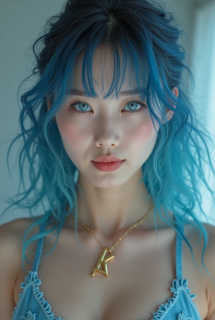 Busty Korean woman posing with her legs spread、Heavy makeup、Beautiful Face、Blue Hair K-Pop Idols