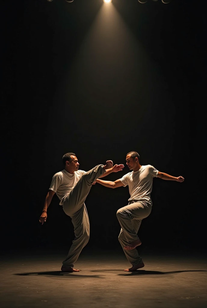 Two people are competing Capoeira in the ring. With the spotlight shining.