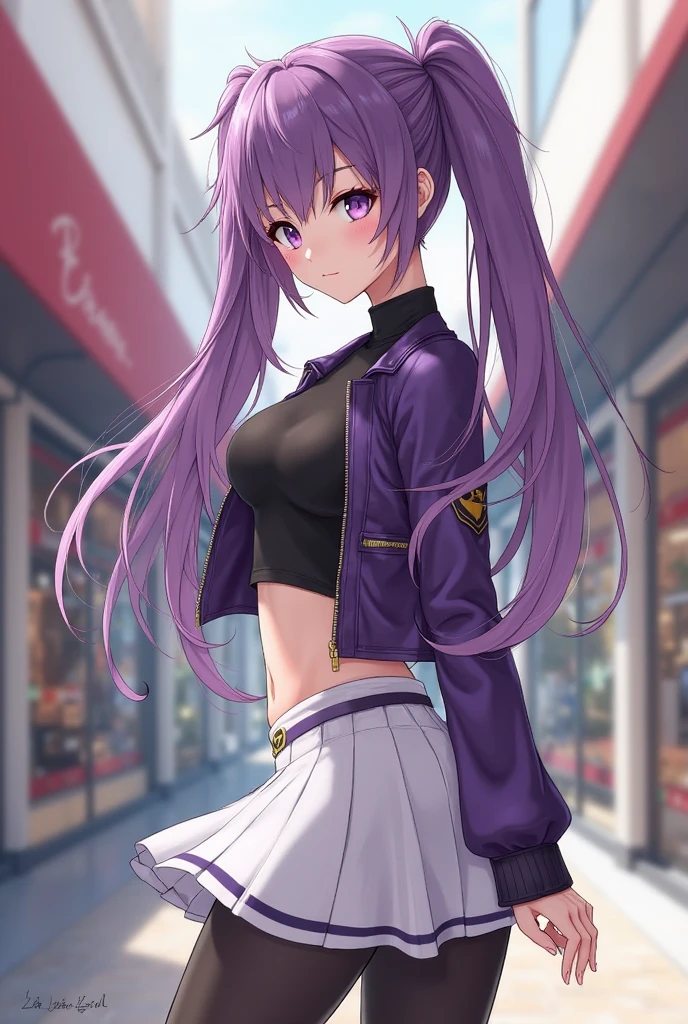 masterpiece, best quality, highres, sf1, midriff, purple skirt, crop top, purple thighhighs, bare shoulders, medium breasts, belt, luins, running, smile, open mouth,