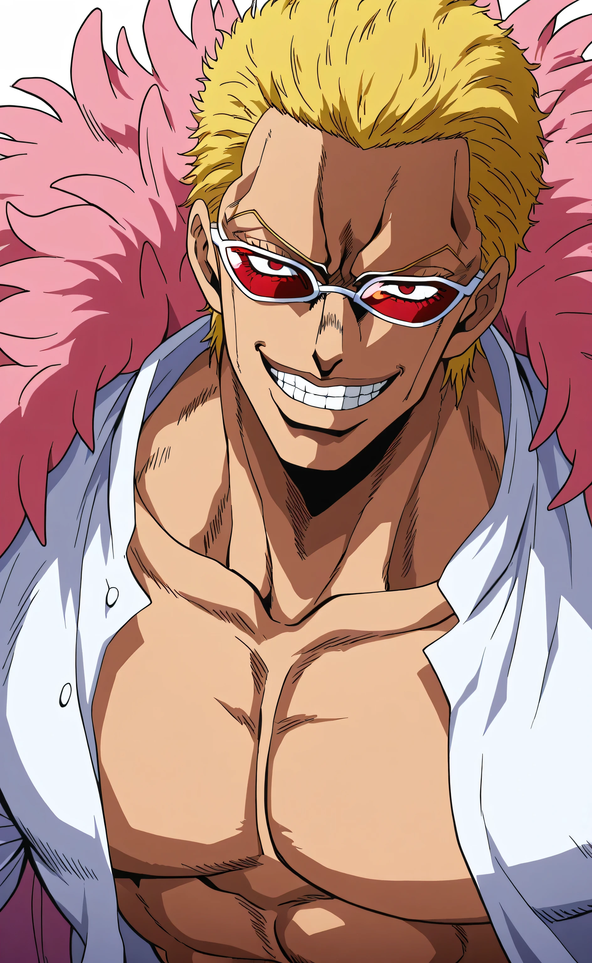 1male,solo,Don Quixote Doflamingo,blond hair,short hair,red sunglasses,Crazy smile,white shirt,open shirt,big muscle,Opera house,Jojo's Bizarre Adventure Style