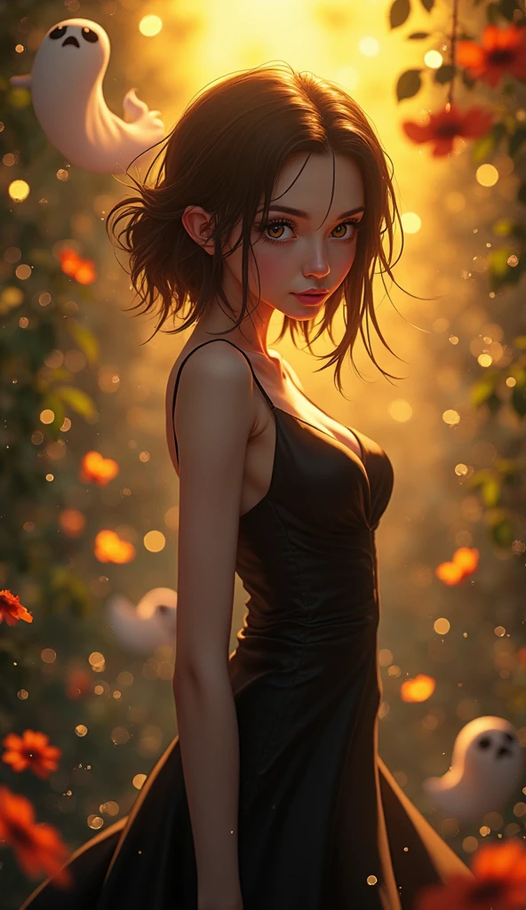 The goddess of nature that have a short brown hair pair with her different eye colors the right eye is brown while the other are pure white, with a black dress pair with the flowers leaves and scars on her skin, with a scary monsterus look but beautiful 