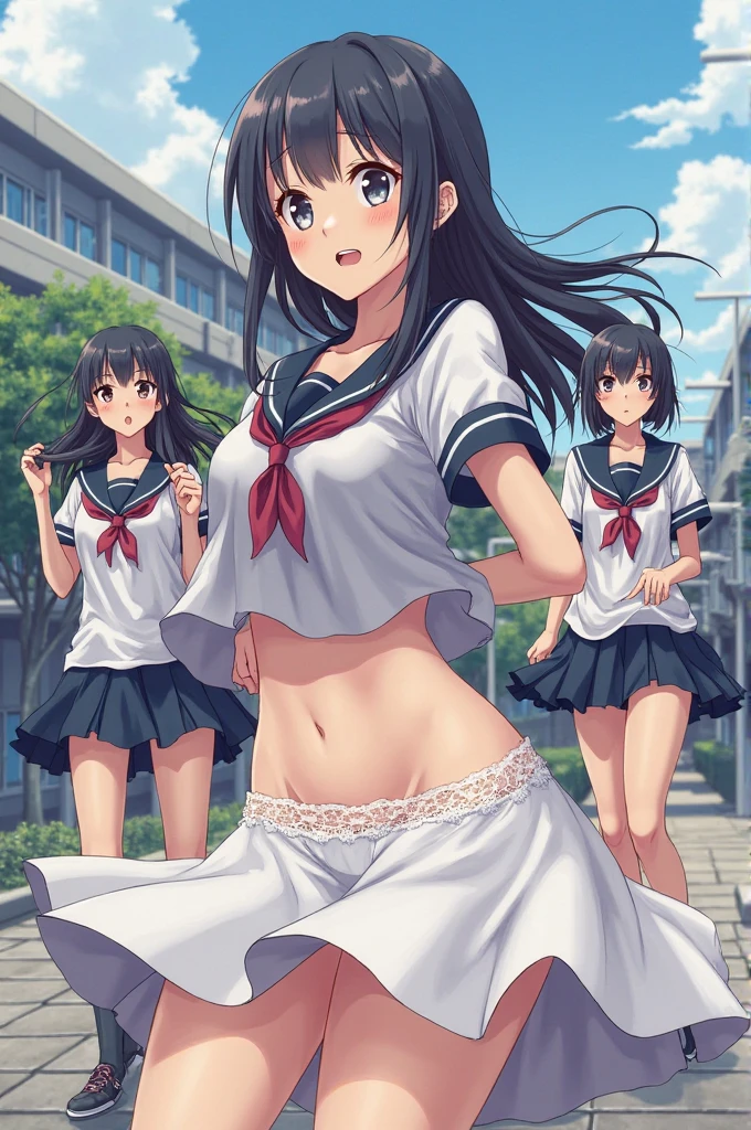 She wore a long black skirt、Group of shirtless schoolgirls、anime