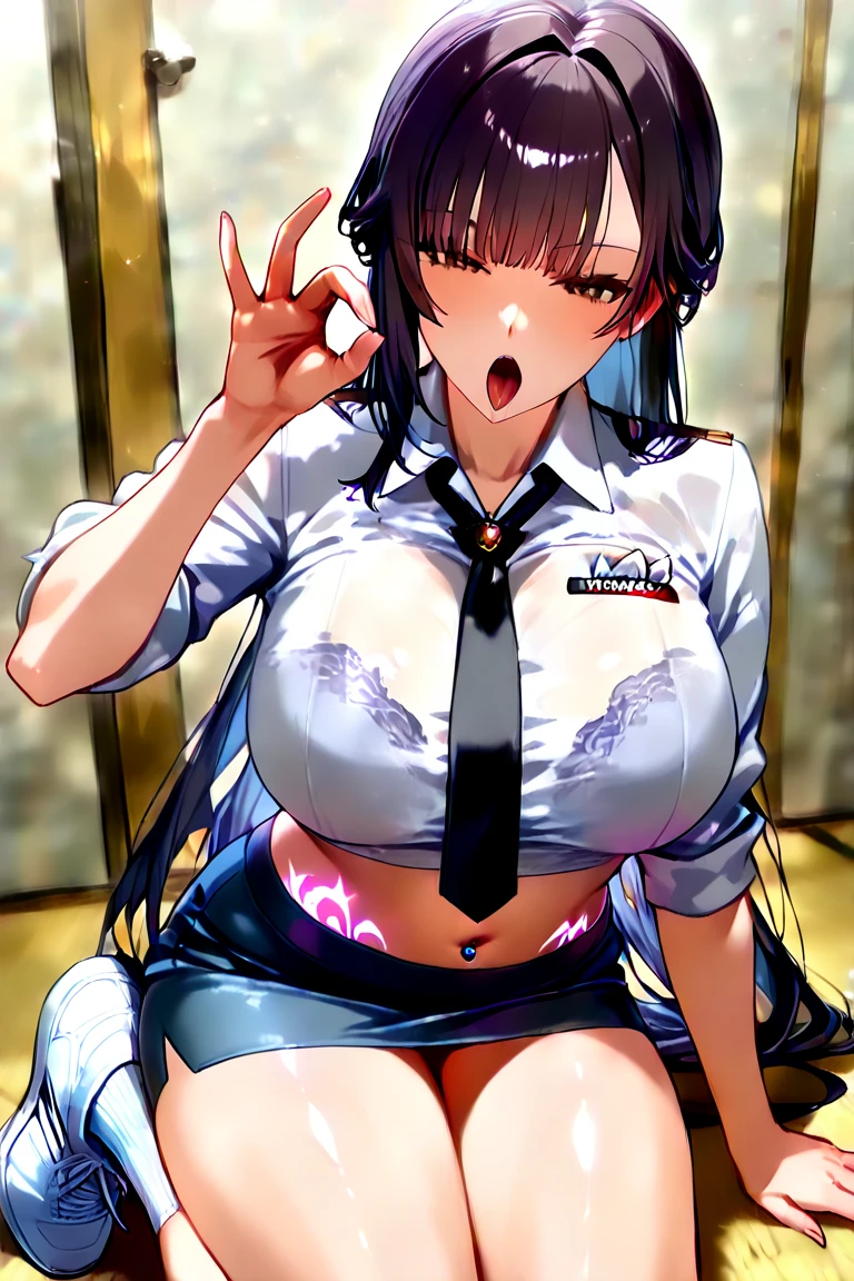 masterpiece, Highest quality, High resolution, ,((One girl,)),View your viewers,,,, (( )) night club,sexual ecstasy, blush,glare,striped panties,short tshirt