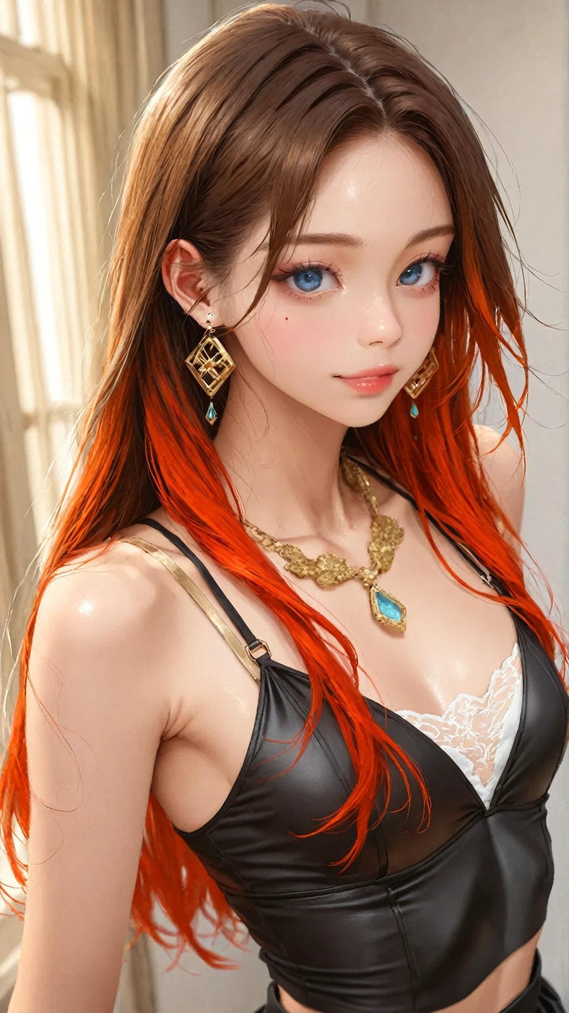 (masterpiece), best quality, expressive eyes, perfect face, one pretty girl, solo, orange hair, long straight hair, pale skin, perfect, makeup, small nose, green eyes, lips, collarbone, large cleavage, jewelry, black babydoll, black lingerie, looking at viewer, in bed, hotel, luxury