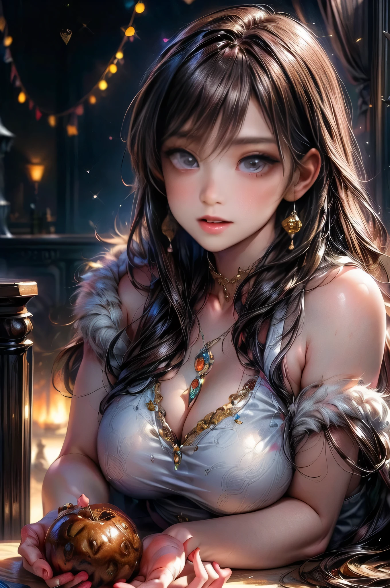 Woman in a golden transparent dress,Viewer,(((Huge breasts, Keeley University))),Slim waist,(Navel exposed,Bare waist), Long hair, extreme detailed details,High-end real site, Heavy rain scene, Detailed fantasy art, Stunning character art, Beautiful and exquisite character art, Beautiful gold and silver armor, Very detailed, Girl in Shining Armor, Exquisite headpieces and jewellery,Crystal jewelry filigree, galaxy, Stunning visuals, (Dynamic Stripes, light rail:1.2), Vibrant colors,Long hair动漫女孩和fox, Beautiful platinum fox lady, 白毛fox, Beautiful character painting, Beautiful anime portrait, fox耳朵的女孩, a beautiful fox woman, Mystical artwork, Guweiz, by Ren Renfa, fox, Large Breasts，Full breasts，Golden ratio figure，Perfect body，Ultra wide-angle shooting，Full body shot，Body close-up，Full body shot，Look at the audience，Wearing a tulle bikini，Soft anime illustration, Soft dark background，Fujifilm XT3 Clear focus, f 5.6, High Detail, Clear focus, Dramatic, (Wearing openwork clothing), (Looking at the audience:1.8), (Natural light), (Tempting)translucent, Good velvet quality, Compared, Divine Light,, Silver gray hair, Sky background, Absolute Strength,Female angels，Girl in sexy silk,，Large Breasts，Full breasts，Golden ratio figure，Perfect body，Ultra wide-angle shooting，Full body shot，Body close-up，Full body shot，Look at the audience，, Wearing a tulle bikini, Model shooting style, Large Breasts，Full breasts，Golden ratio figure，Perfect body，(Extremely detailed CG 8k wallpaper unit), The most beautiful artistic photos in the world, , 8K Ultra HD, soft light, high quality, Film Grain, Fujifilm XT3 Clear focus, f 5.6, High Detail, Clear focus, Dramatic, (Wearing openwork clothing), (Looking at the audience:1.8), (Natural light), (Tempting) Lying on your side in bed，Lazy gesture，Charming and seductive expression，best quality,masterpiece,Ultra-high resolution,(Practical:1.4),original photo,Ultra-high resolution，8K，There was a woman，White skin，Exquisite makeup，Big Wave，Black skirt，High heel，Long legs，Bright beautiful eyes，用紫色眼影打造Exquisite makeup，Large hoop earrings，