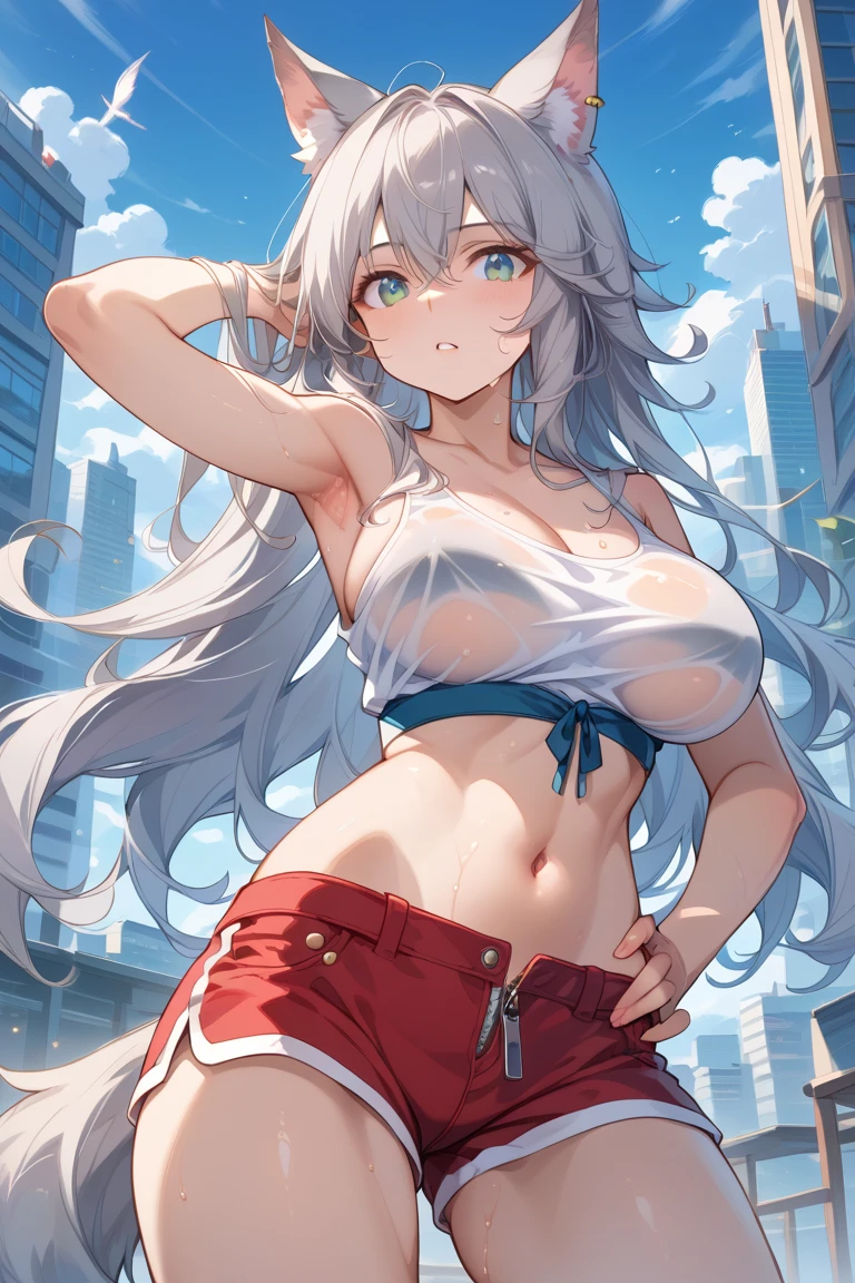 Very detailed、Highest quality、Best image quality、masterpiece、8K、Sparkling blue eyes、Anime Face、A kind smile、(Open your mouth)、(Blonde long hair)、(SFW Giant:1.5)、(Big Tits:1.7)、ckundies、Cowboy Shot、(White thong)、(highleg:1.8)、(SlightMuscle:1.5、Bulky、Bodybuilder、HyperMuscle)、(necklace)、(topless:1.8)、(NSFW)、 panties