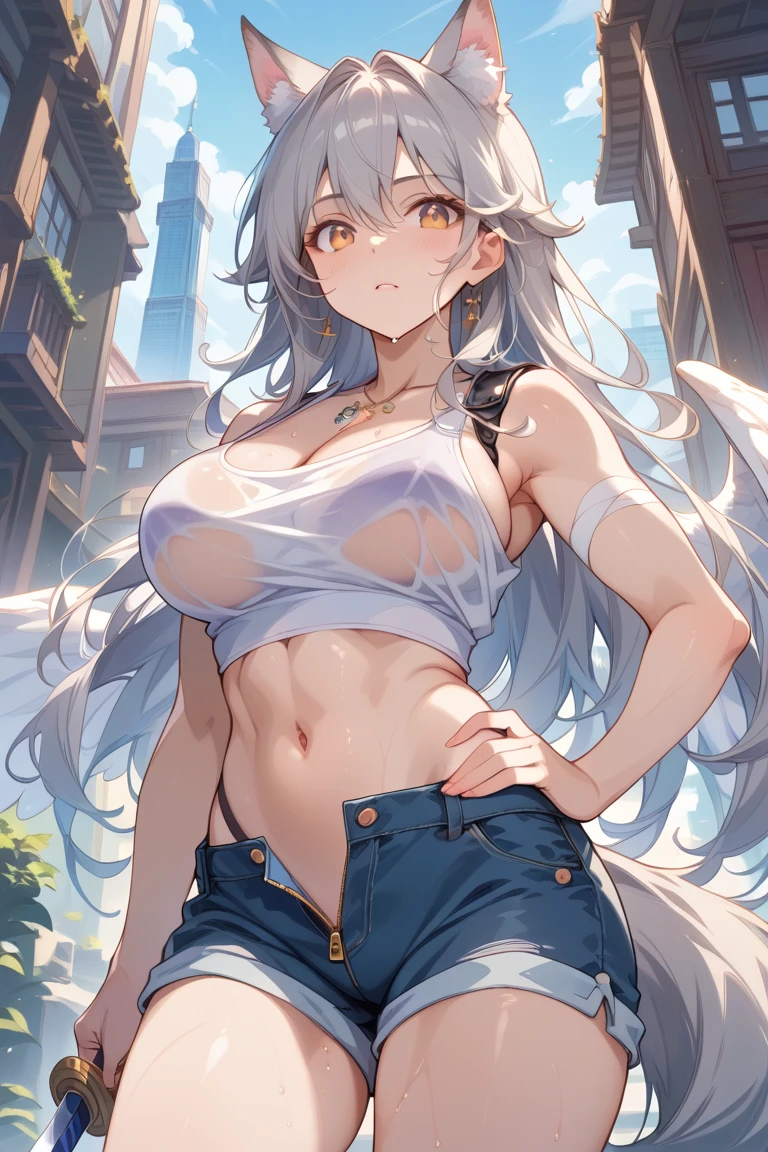 score_9, score_8_up, score_7_up, source_anime, (masterpiece), best quality, expressive eyes, perfect eyes, perfect face, oni girl, oni horns, red eyes, soft lips, long hair, very long hair, wide hips, (white hair:1.2), (white eyebrows:1), (white eyelashes:1), medium breasts:0.5, higuchi madoka, big breasts:0.3, standing, background: City, clenched hands, (cat lingerie:1.4), (white lingerie:1.4)