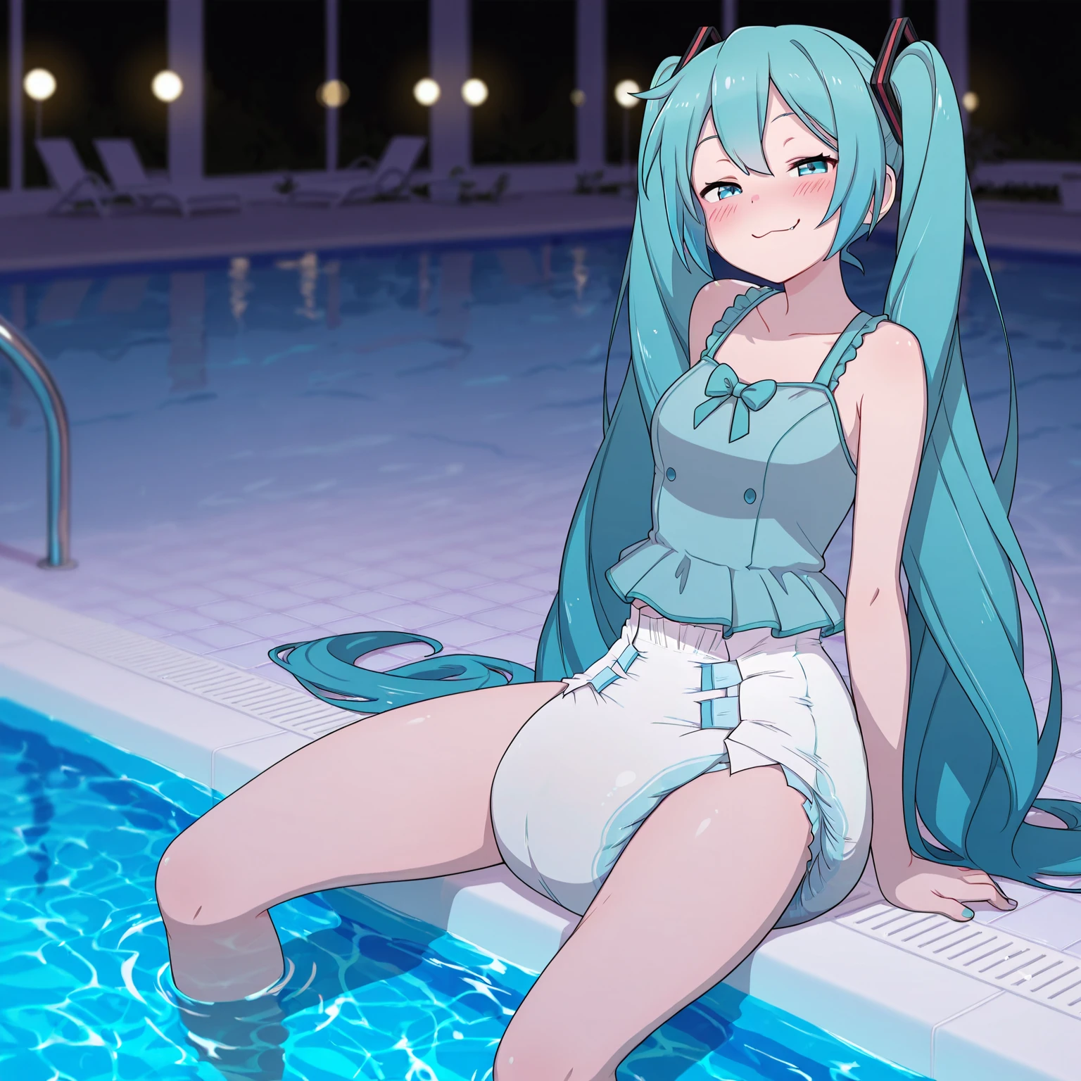 ((1girls:1.3)), ((moe style:1.3)), ((swimming pool:1.3)), ((squatting:1.3)), ((pointing:1.3)), full body, hatsune miku, ((perfect face)), ((extremely cute:1.3)), ((masterpiece:1.3)), ((8k)), ((best quality:1.3)), ((beautiful)), ((extremely detailed:1.3)) , ((absurdres)), AddXL, ((score_9:1.3)), ((score_8_up:1.3)), ((score_7_up:1.3)), Expressiveh 