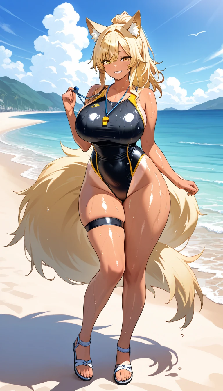 Medium and round breasts, she is an adult woman ((beautiful and cute 37 year old woman)), (blonde bob wavy and shiny hair, bow in her hair, hair behind her ears), double eyelids, orange eyes, clear and detailed , hyper detailed, light effect on the eyes, detailed irises, sensual body, ((beautiful black stylish swimsuit delicate sensual bold, beautiful and cool, short skirt)), neckline, ((masterpiece, hyper realistic, hyper detailed, best quality, 16k, light and shadow on the skin, vivid colors)), eyeliner, thin eyebrows, sensual expression, perfect lips, innocent and sexy face, ((skin with light and shadow), beautifully seductive and embarrassed woman, passionate expression, smile protruding ((she is a beautiful woman with a curvy body)), flirting with the viewer, beautiful, charming, lying on the beach, sea visible in the distance, defined abdomen (kind of to the side) ((grabs thighs: 1.3))