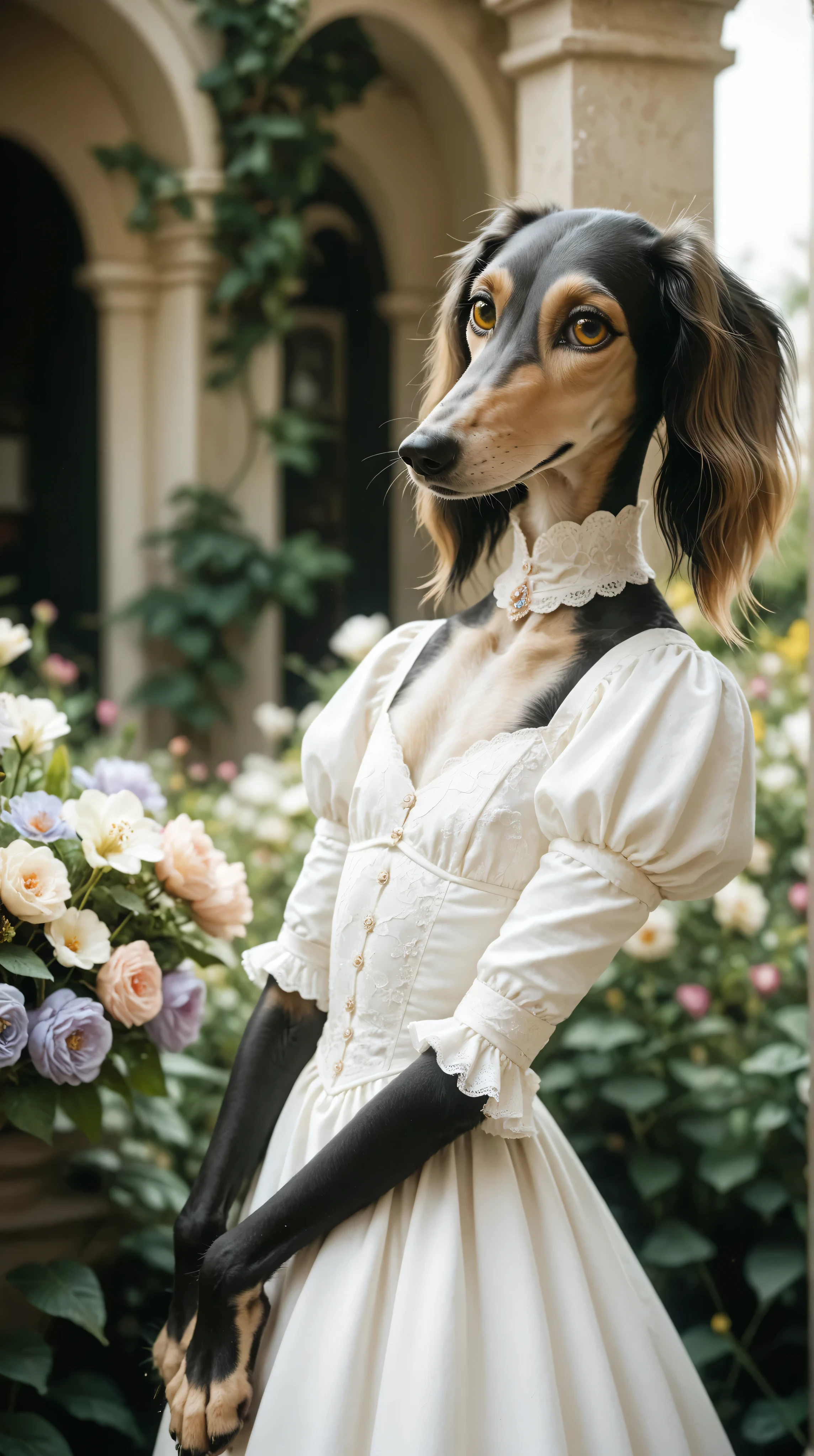 happy girl standing in a white dress. Set against an Victorian backdrop that is covered in flowers. saluki, greyhound, borzoi, sighthound, beautiful eyes, golden eyes, paws, (black fur), flat chest