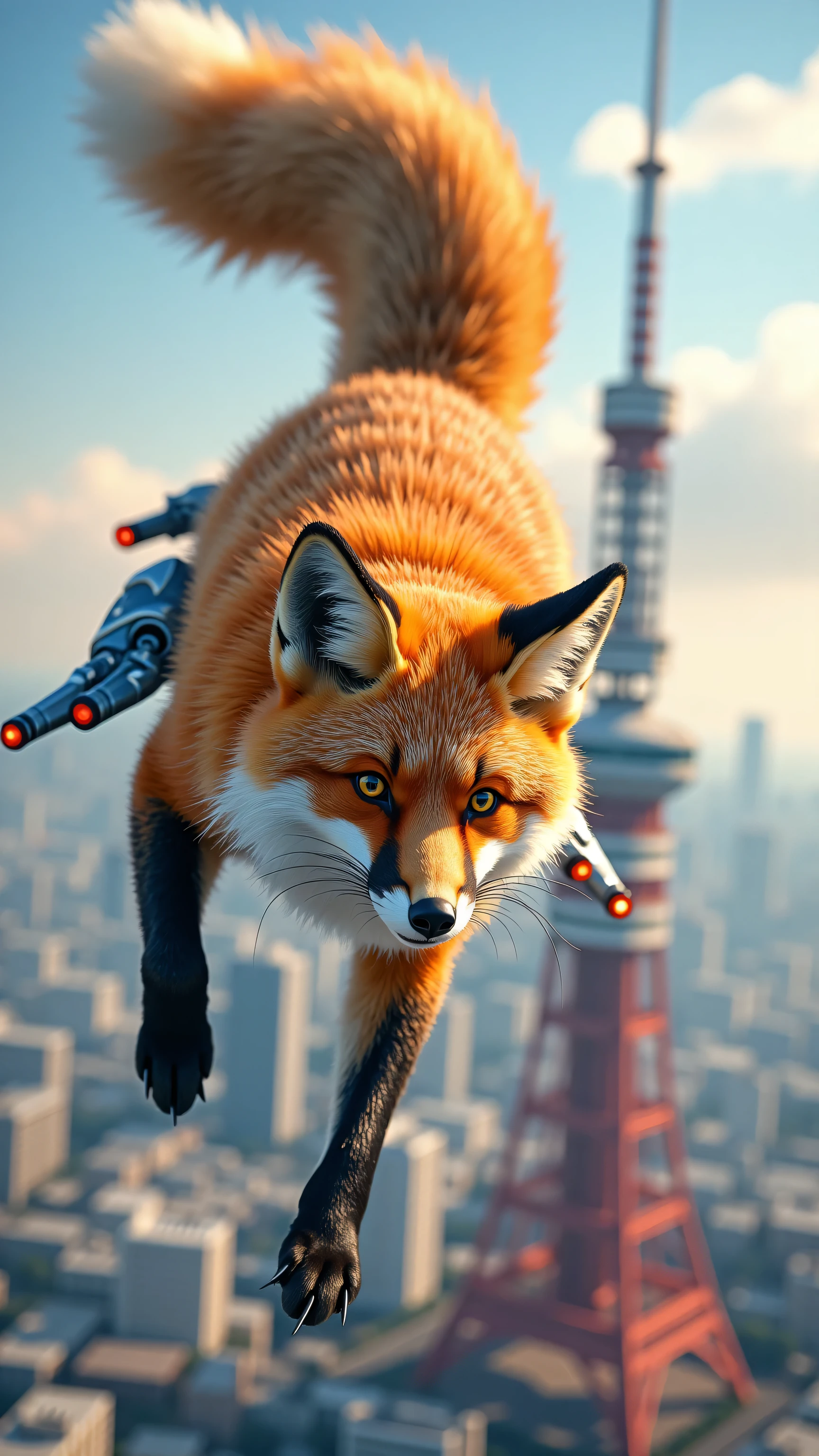 highdefinition images,The two rear legs of the red fox are jet engines flying beside Tokyo Tower、The front legs are put forward and the tail is standing and used as the tail、