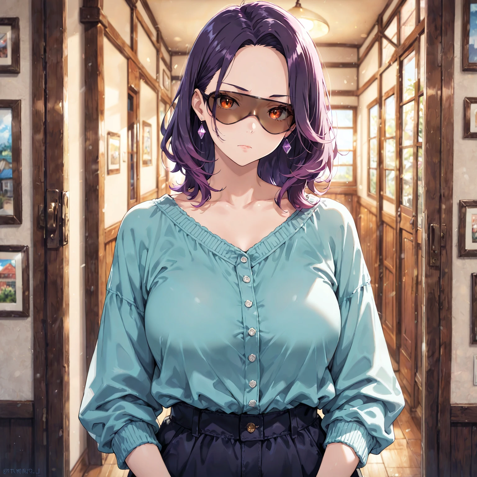 girl in a pink shirt and sunglasses standing in front of a bookcase, nico robin, from one piece, but a stern look about her, 3 0 years old woman,sexy,realistic