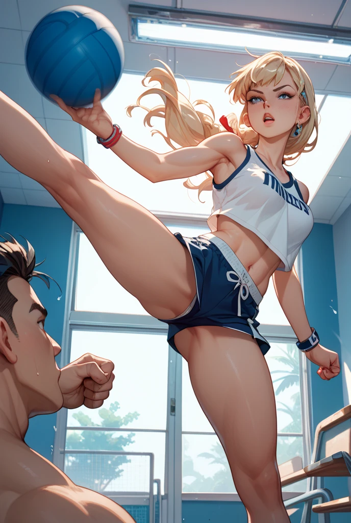 1 man 1 girl Manga comic sensual brunette girl Straight loose hair, blue eyes wet white t-shirt, black tabled skirt In a sensual pose, she teach self defense knee with a woden dummy (bigboob big ass) (wet t-shirt) (highly detailed) (concept art) (manga) (anime) (draw) (face anime detailed) (comics)
