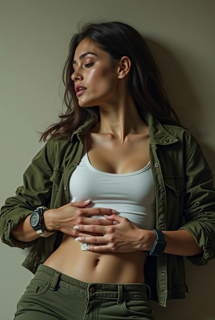 Mexican Girl,sexy,long hair, open shirt, pants, abs, bra