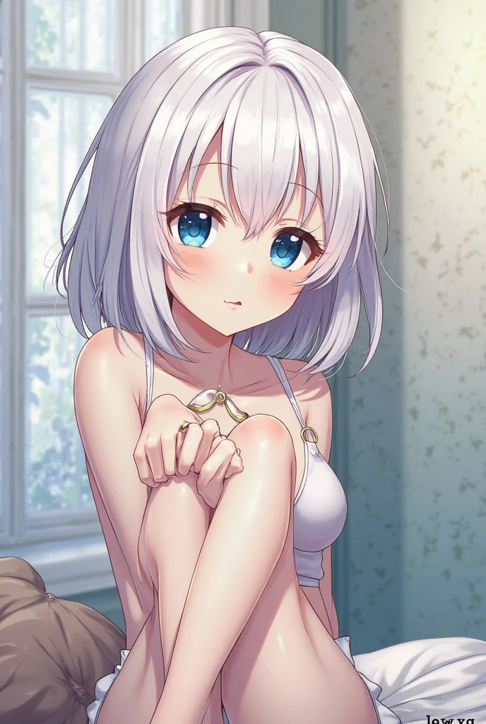 female, elf, short hair, white hair, cute, masterpiece, tease, looking at viewer, bikini, smirking, sexy