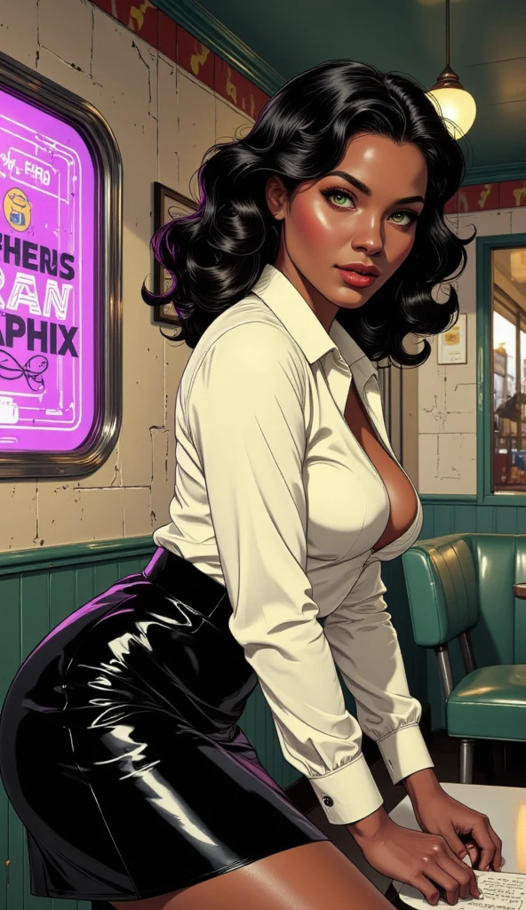 araffe dark skin woman in a green dress shirt with a black crop top jacket sitting next to a piano,  tight teal jeans 