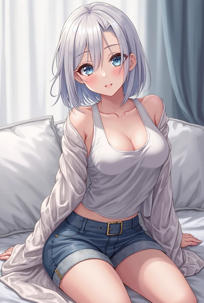 Animated girl jeans short topless white hair on bed