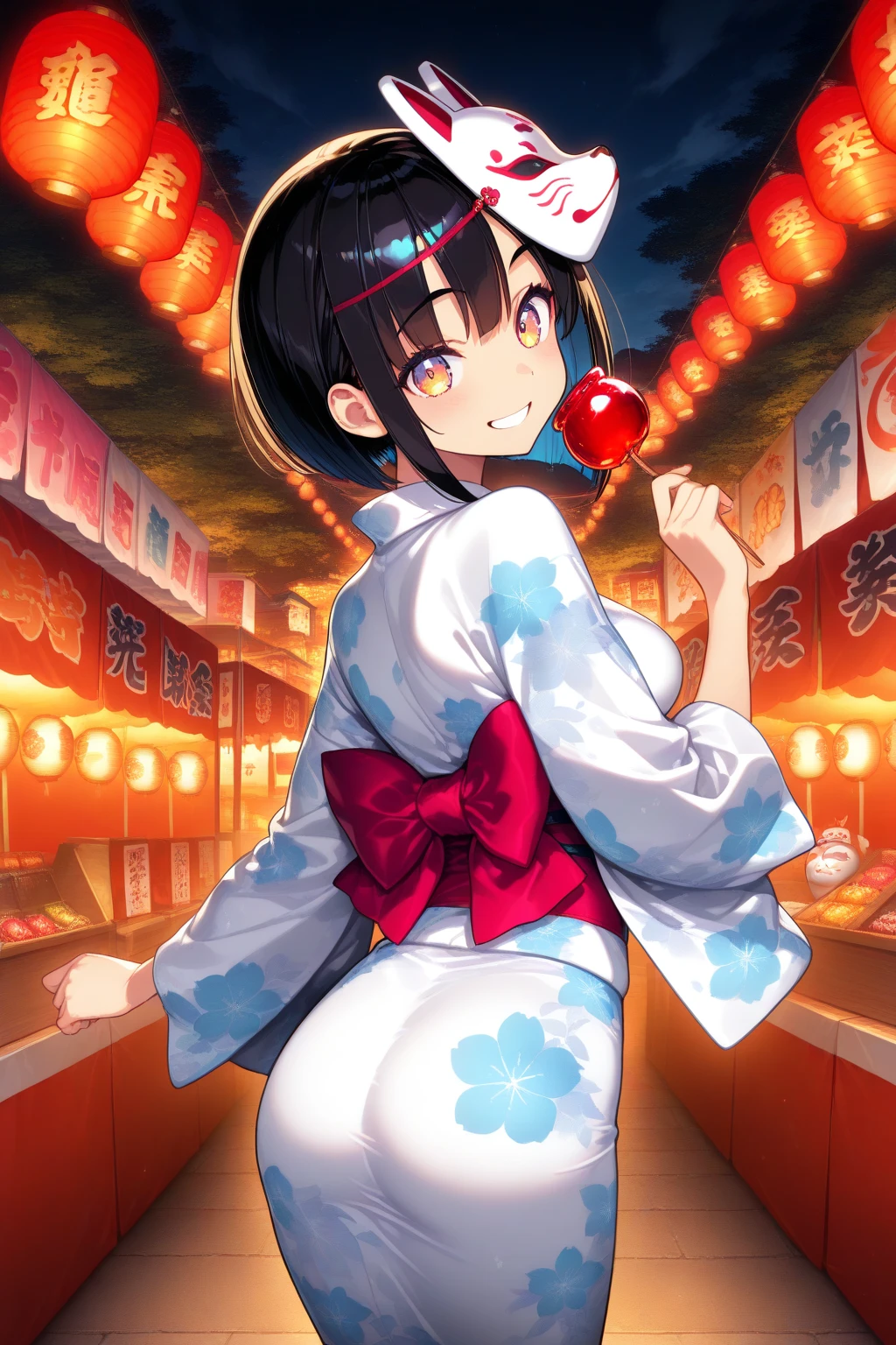 1boy, feminine and girly, trap, twink, leaning forward, outdoors, background, blush, black hair, fundoshi, big butt, ninja, slutty and lewd boy, the boy is about 11 years old, butt, small bulge, nighttime, (night), shinobi outfit, multiple people, large crowd, (festival), ass shake, seductive, sweaty butt, anal juice, buttplug,