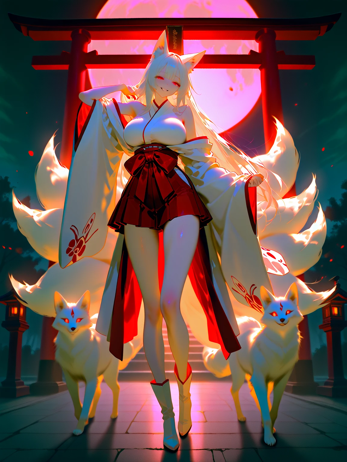 Best Image Quality, MasterPiece, Ultra High Resolution, (Accuracy: 1.4), Very beautiful girl, long straight hair, white hair with bangs, dressed in an unbuttoned kimono, naked big breasts, sitting in the lotus position, hands pointing to the sides, reciting mantras, a big fluffy rabbit stands in the background behind her, looking at the camera, against the background of the night starry sky, red moon. detailed eyes and face, naked body,, nfsw Beautiful detailed eyes, halo around the head, dull, dark, membranous, 1.5), (erotic clothing: 1.4), bare shoulders.