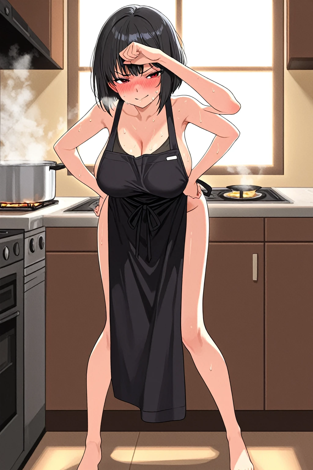 1 girl, narrow waist, sexy hips, thick thighs, completely naked, in the kitchen counter, while cooking we suddenly go and hug her from behind, looking back at the viewer blushing in shyness and shock, masterpiece, HD, no blurring, perfect