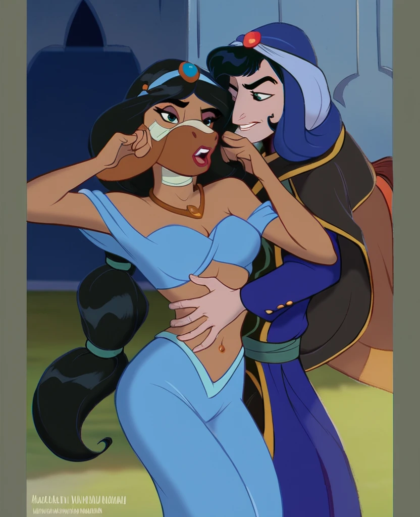 top-quality,　​masterpiece,　full body shot, Male and female couple, boy are girl are similar height, standing in an opulent royal spacious bedroom next to a bed with disheveled sheets, completely naked, girl taken by surprise, (((naked, nsfw, bare skin))), long flowing black hair in waves, gold jewelry, necklace, earrings, Boy hugging girl tightly from behind,  boy has crew cut hair, Without glasses, Revenge relationship, highly erotic, orgasmic expression, foreplay, squeezing breasts, assgrab, hand on breasts and ass, fondling, sweating, aftersex