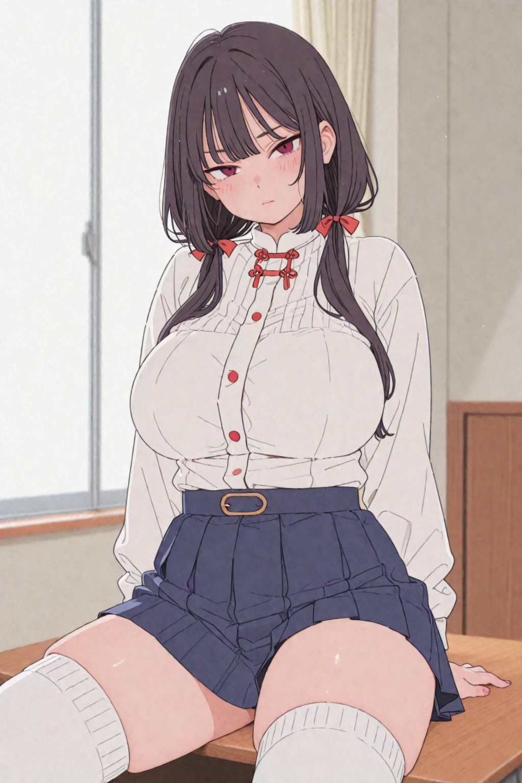 (highest quality), (masterpiece), 1080P, HD, 4K, 8K, Directly in front composition,girl sitting with legs closed, show your forehead,  White sweat, sweatyの顔, sweaty, sweaty, White body fluids, high school student, whole body, black hair, braided hair, lightblue panties, Panties that are a little visible, （sheer bra）, Big breasts,, Absolute area, black socks, knee high, crowded train,sporty pantie