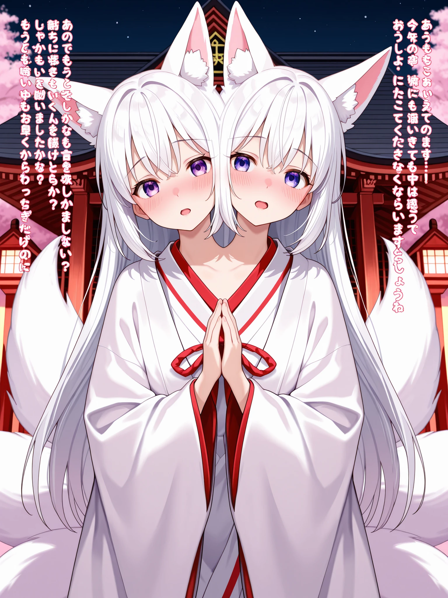 two heads, anime girl with two heads, kitsune, white hair, purple eyes, open mouth, love confession, hands folded together, black shrine maiden robe, cherry blossom shrine at night