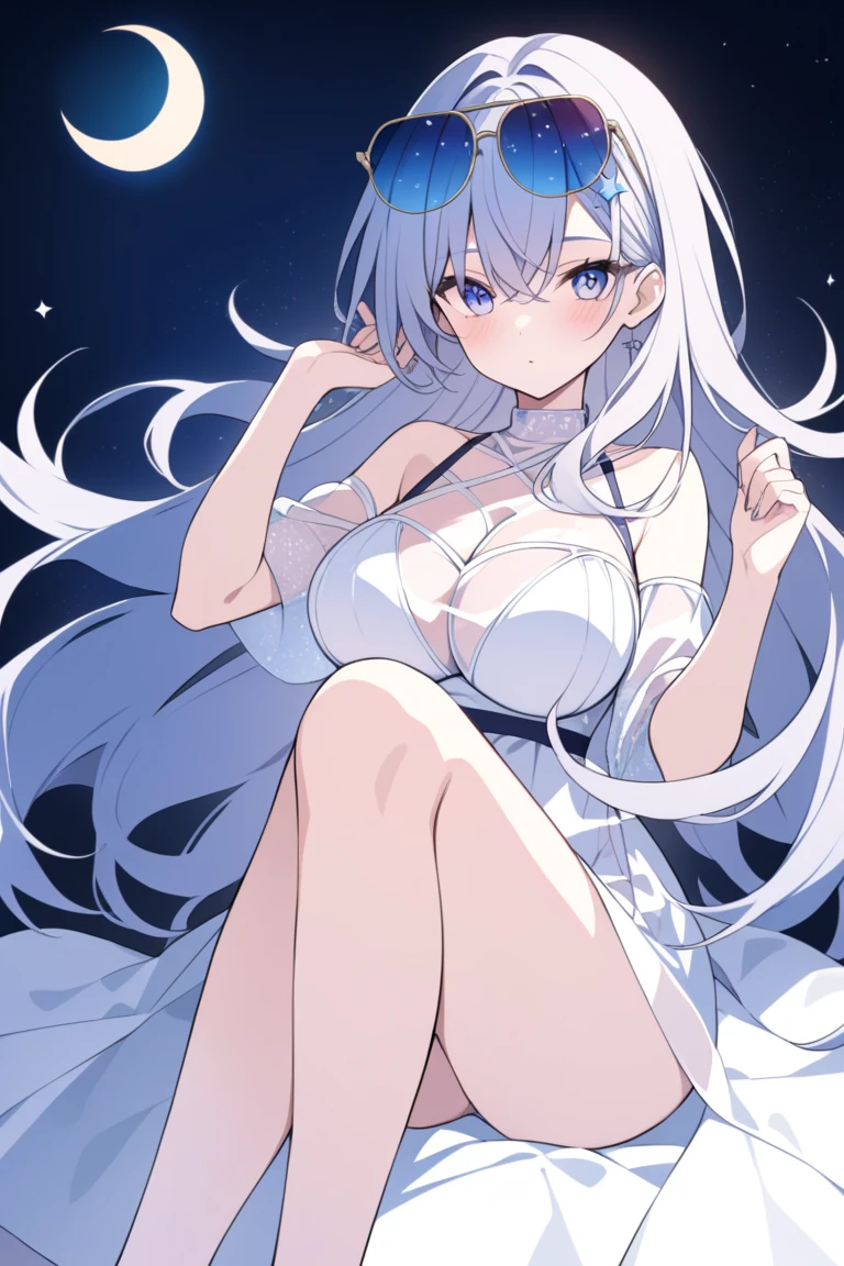 1girll, Messy white hair, spaghetti straps, White dress, Bare legs, Bare feet, Bare arms, (Floating) In space, (Earth background), Near-Earth orbit, full body,