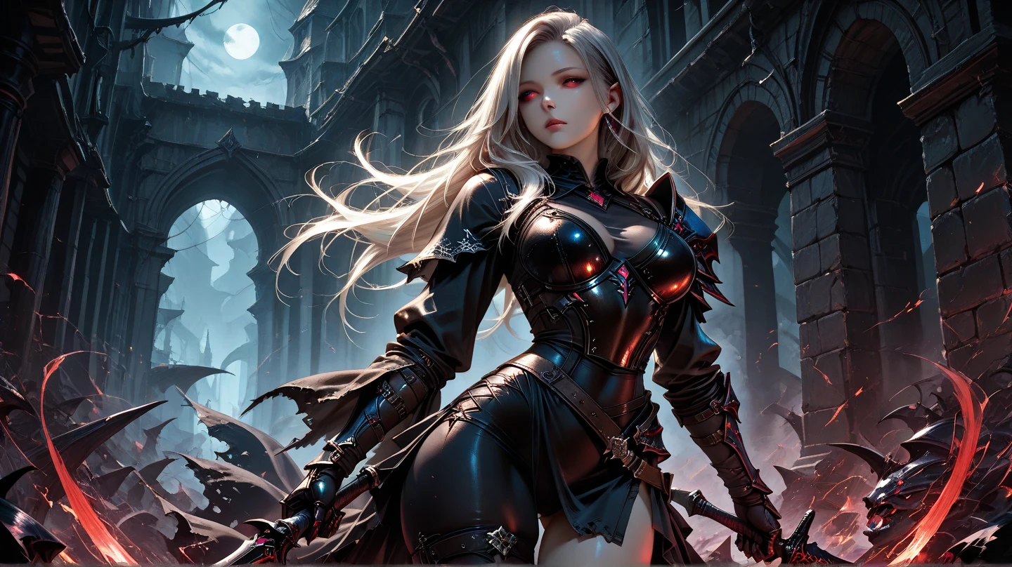 (detailed), ultra detailed, 1girl, beautiful, (masterpiece:1.2), (best quality:1.2), perfect eyes, perfect face, perfect lighting, 1girl, rogue girl, long white hair, braids, red eyes, leather armor, fishnet stockings, skindentation, steel gauntlets,large breasts, wide hips, thick thighs, scar over one eye, hood, mask, fantasy, detailed background, medieval city street at night,  dynamic angle