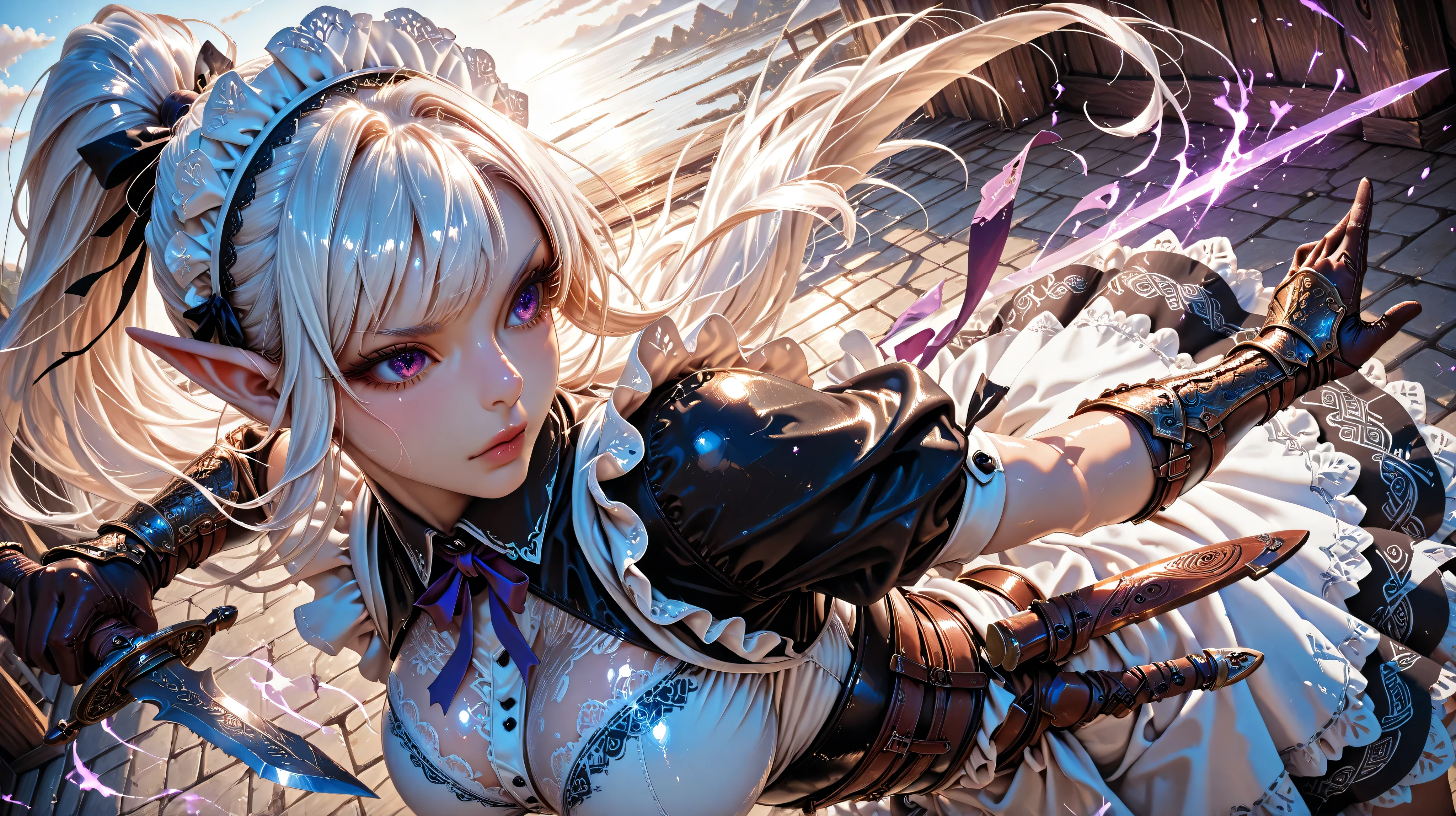 Elf, womman, white hair, ponytail, purple eyes, maid clothes, gloves, cozy environtment, sword, dagger , batik, lace, armguard, tight, natalie portman face, dynamic pose, dynamic angle, intricate design, damascus steel, tight shot, view from above, shiny skin