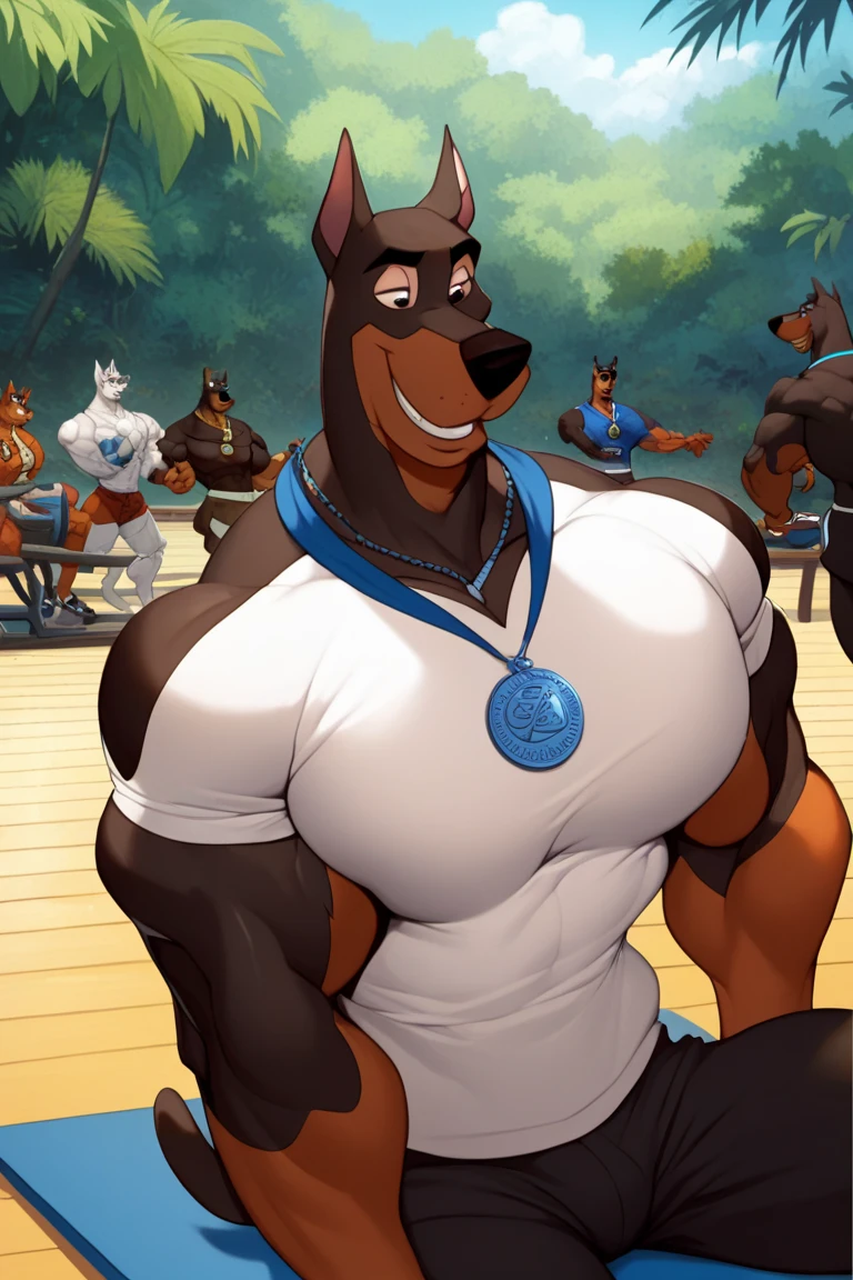 ((Best quality)), ((masterpiece)), (detailed)Doberman , Doberman male, pool, swimming trunks, red shorts, muscles, большие muscles, high growth, costs, front view, looks at the viewer, no back visible, visibly life, gorgeous eyes, Wide body, beautiful eyes, Normal eyes, giant, темнокоричневый skin, Very broad shoulders, big ass, the whole body is visible, wide hips, wide legs, paws visible