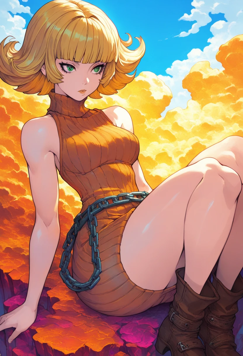 ytemari, ((blonde hair, quad tails, glowing blue eyes, fishnets, makeup, narrow waist, skinny, medium breasts)), pelvic curtain, ((yellow bikini)), full body, perfect body, (insanely detailed, beautiful detailed face, masterpiece, best quality) , (((solo))), (((1girl))), (((mature))), (extremely detailed 8k paper CG wall unit: 1.1), (beach, dusk), (smile face for the viewer), sitting, squating, looking down, from below