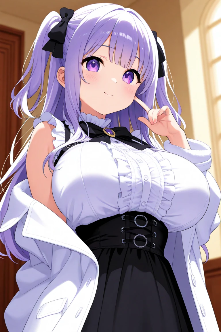 Wolf Woman, Big Breasts, Voluminous purple hair, One girl, masterpiece , Red eyes、Double teeth、tooth、Blushed cheeks、 hd, Head to Chest, buried in my chest、Underbust、Cleavage、Maid clotheaid Brim、Big Tits、Crossed bangs