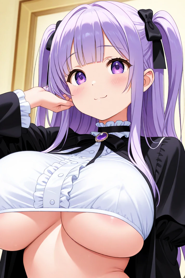 1girl, blue eyes, blush, bow, double v, dress, ear tag, gloves, groping, hair bow, horns, huge breasts, indoors, light purple hair, long hair, open mouth, smile, solo focus, sweat, twintails,  <lora:alexi:0.5>