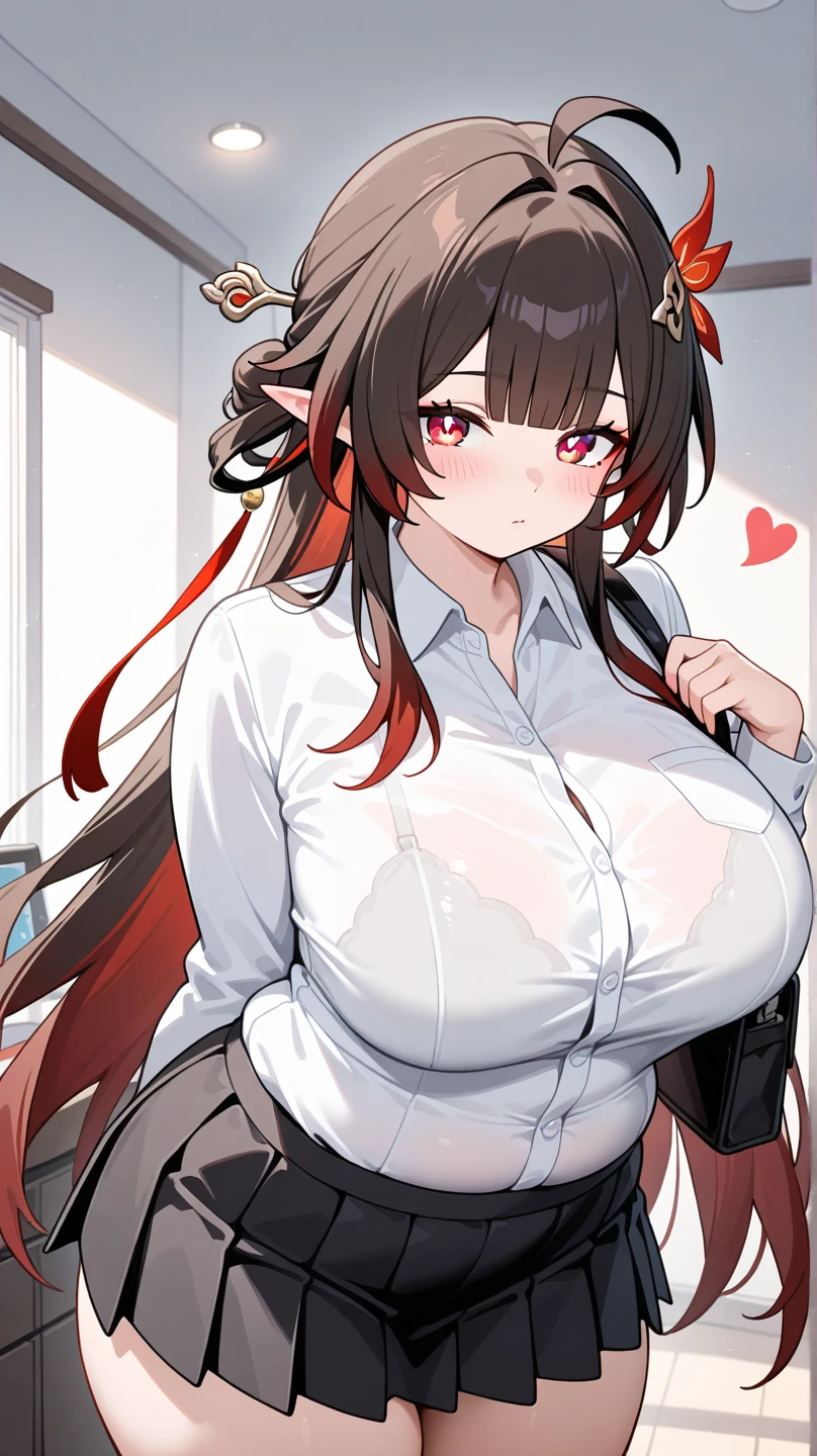 a woman in red and white is sitting on a bed. the person has horns and eyes, 1girl, breasts, thighs, solo, long hair, sitting, horns, skirt, red eyes, large breasts, off shoulder, shirt, looking at viewer, red skirt, white shirt, jacket, brown hair, picture frame, necktie, bangs, closed mouth, sleeveless, indoors, very long hair
