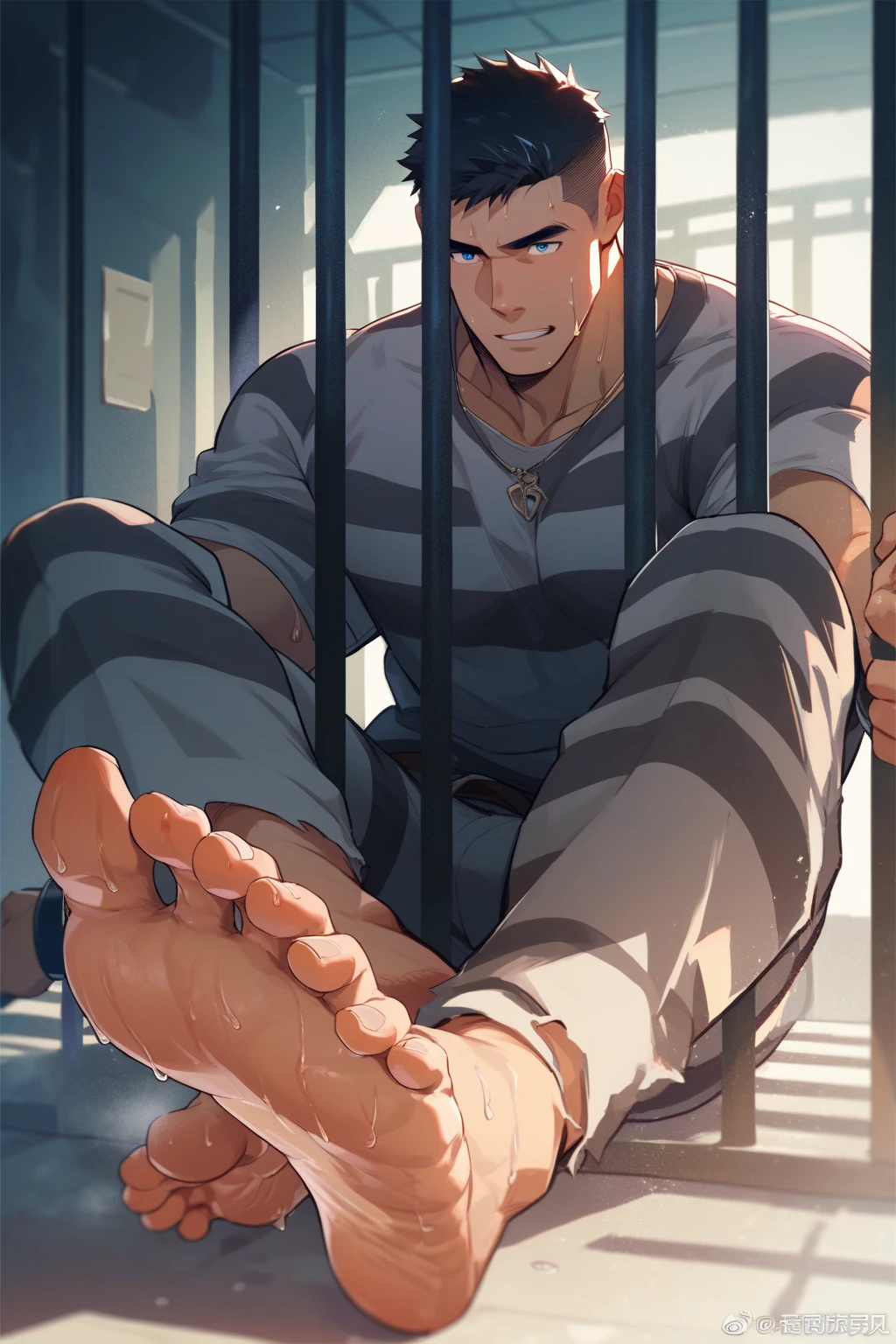 A handsome bald boy sits barefoot on the floor of his cell,Abs torture device,Anime beautiful boy,criminal,Barefoot,Ankle chains,Shirtless,Chains,prisoner,behind bars,Wearing chains on the feet,Chains connect the feet,Chains connect the feet,Feet wrapped around chains of torture