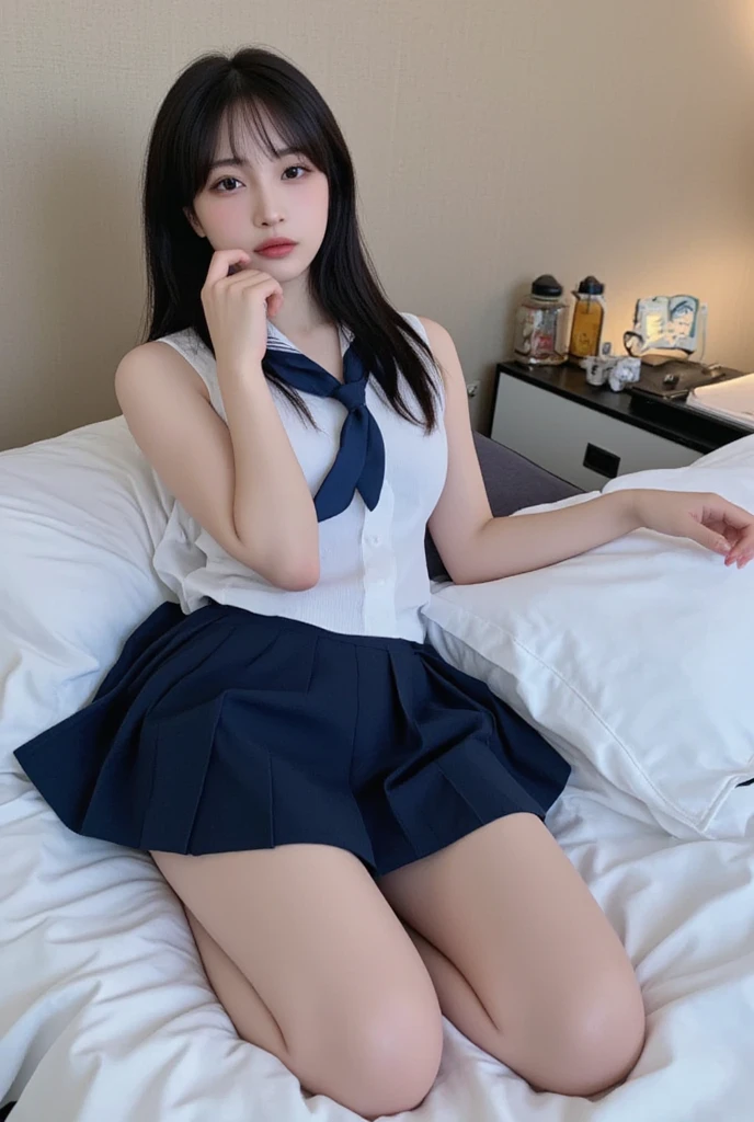 wearing short skirt、Alafid asian woman wearing bow tie sitting on train, cute schoolgirl, japanese schoolgirl, wearing japanese school uniform, japanese school uniform, a hyperactual schoolgirl, Dress up as a schoolgirl, hyperactual , Wearing school uniform, actual , girl wearing, Wearing school uniform, A pose, whole body, good skin, glowing skin, beautiful thighs,glowing thighs, Glowing legs, Six fingers