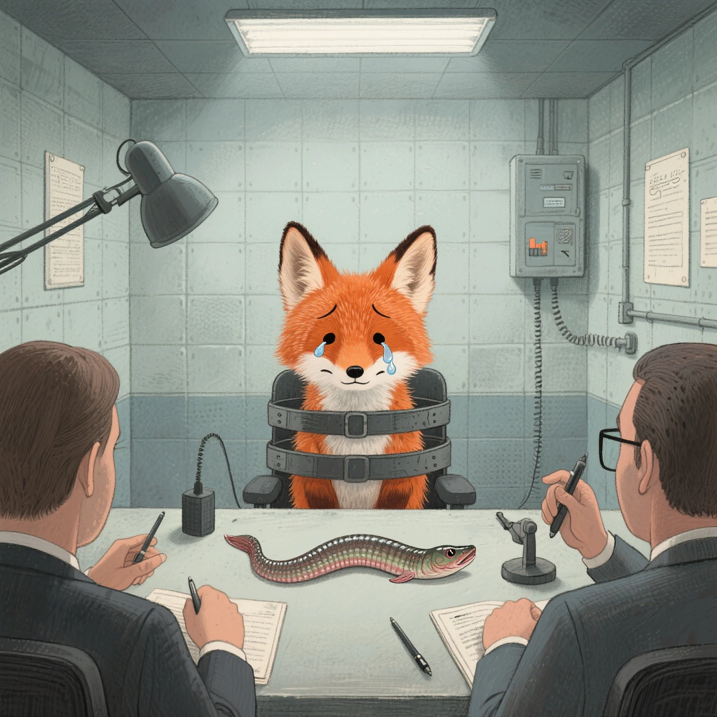 masterpiece、top quality、Amazing Details、Interrogation room、Little Fox Undergoes Interrogation、It looks like they're imagining that a little fox stole an eel、Little Fox Shedding Tears、picture book style illustration