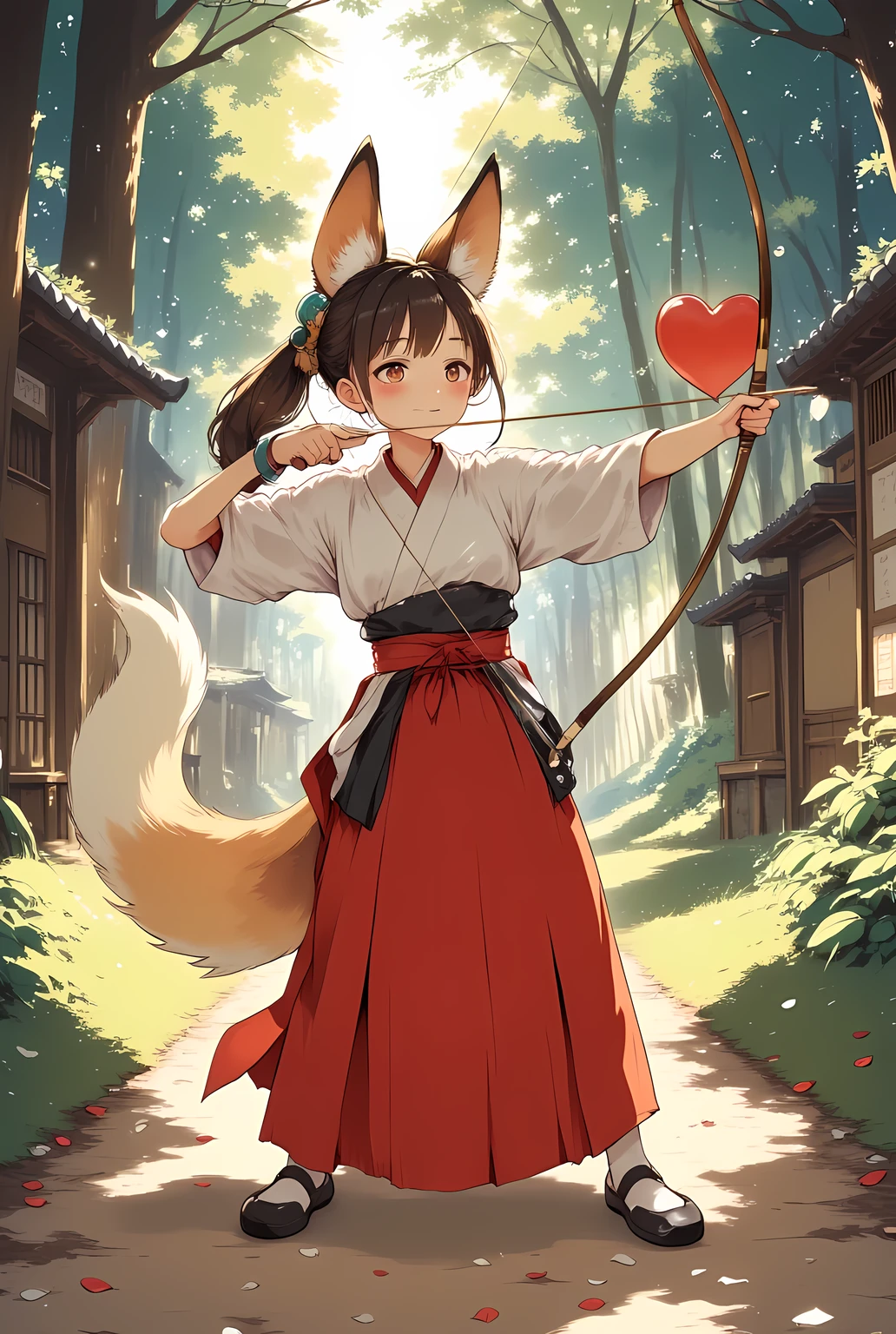 anime style, full body shot, cute fox-eared shrine maiden wearing a red and white traditional outfit, standing in a peaceful forest village path, holding a yumi (Japanese longbow) in a kyudo-aiming pose, arrow loaded with a big heart instead of a tip, playful and mischievous expression, fox tail swaying, petals floating in the air, exaggerated comic-style sparkles and sweat drops, vibrant lighting, fantasy setting, humorous and charming mood, kyudo-aiming, high detail, masterpiece, best quality
