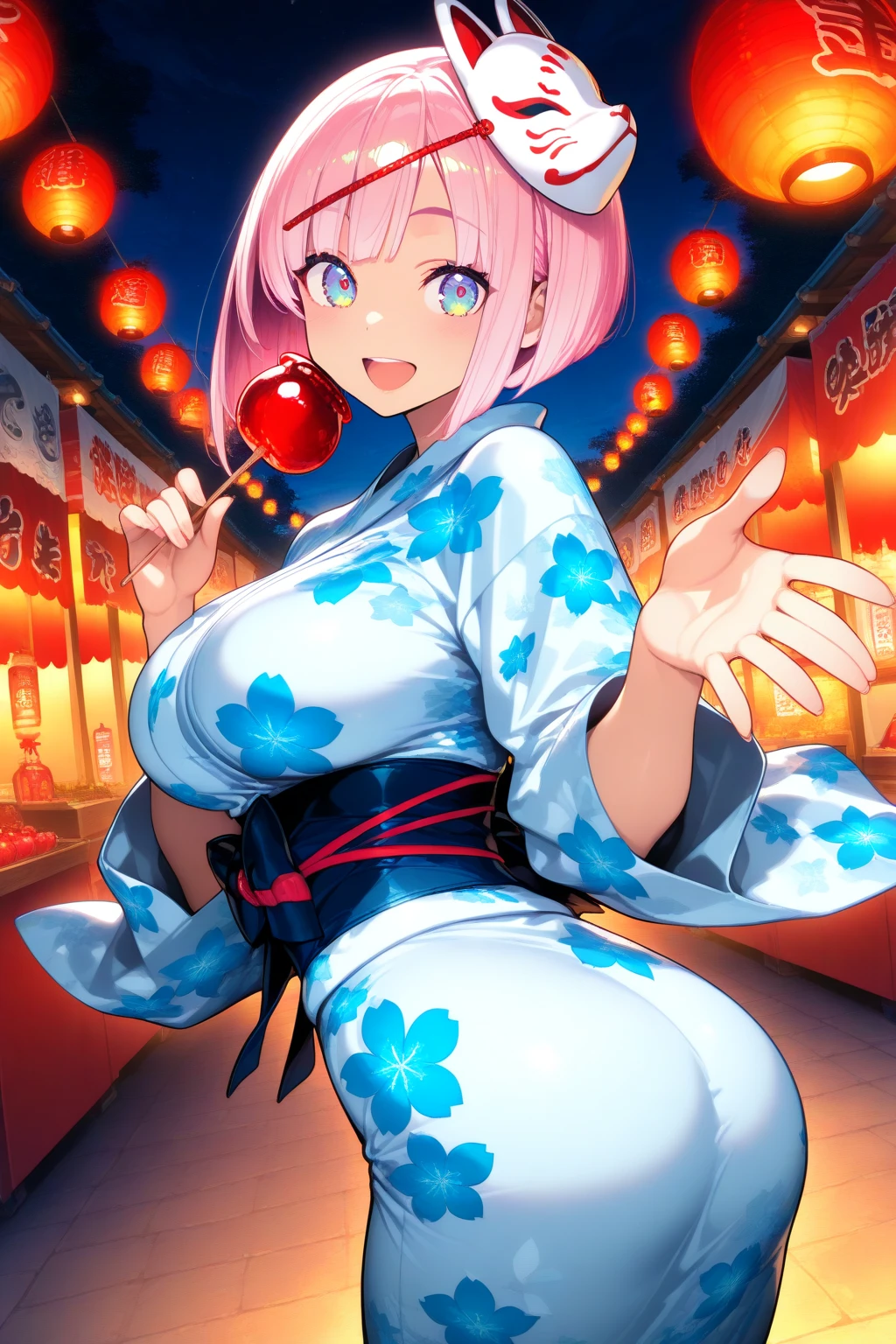 ultra-detailed, ((one girl)), (pale skin:1.4), in pastel colors gyaru, (heavy makeup), (professional lighting) hyper detailed, absurdres, 8K, Beautiful Face, (Laugh shyly), ((teasing smile:1.8)), ((Wink:1.7)), (Laugh with your mouth wide open),((Tilt your face:1.6)), View your viewers, ((Bright red cheeks:1.6)),Glossy Red Lips, ((Big Breasts:1.6)), ((undressing:1.2)), noon, Shrine festival stalls, ((eat candied apple stick)), ((Anime style background)),masterpiece, Highest quality, so beautiful,Latest, Complex details, (Pink long nails), (nail art), (ring),(bracelet), (Floral Choker),AI-generated, Complex,High resolution, Highest quality, super high quality,3D Images、3D Images,One person,Pastel pink long hair,(High Ponytail), (wavy hair:1.3), Pastel anime woman posing for a photo, ((Fine grain、blue eyes、glowing eyes:1.4)), (Squint your eyes:1.1),a hyperRealistic , hyperRealistic , Realistic,Anime woman with long pastel pink hair, Smooth anime CG art, A girl in a gorgeous pastel-colored kimono, ((Pastel-colored furisode)),(Pink large floral pattern), (sideboob), Long flower hair ornament,Floral Earrings, Mature Body, tall,Narrow waist,((from side)), ((leaning forward)),