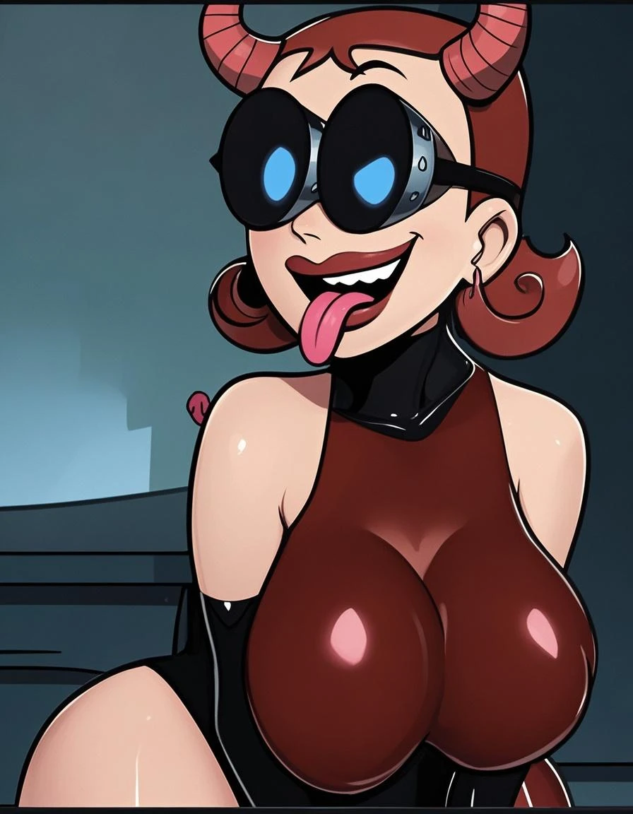 ((masterpiece,best quality)), absurdres, ((dr.ghastly)) , billy and mandy, ((burgundy hair)), (( goggles)), ((black arm gloves)), ((burgundy bodysuit)), ((short hair, hair combed back)), grim adventures,character,Cartoon,cartoon network,billy & mandy, billy and mandy, drghastly, large goggles ,gloves, blue eyes, major, black elbow gloves, ((red bodysuit)), (black thigh boots), (latex)
Ghastly, (large goggles), solo, smiling, looking at viewer, (slendered abs, v cut abs), cowboy shot, cinematic composition, contrapposto,((gigantic breasts)), sunset lighting, puffy lips