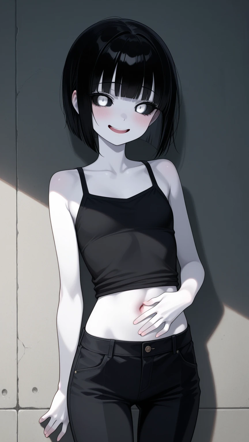 Sadie, detailed grey eyes, white sclera, black emo hair, by hyattlen, by braeburned, by fumiko, grinning