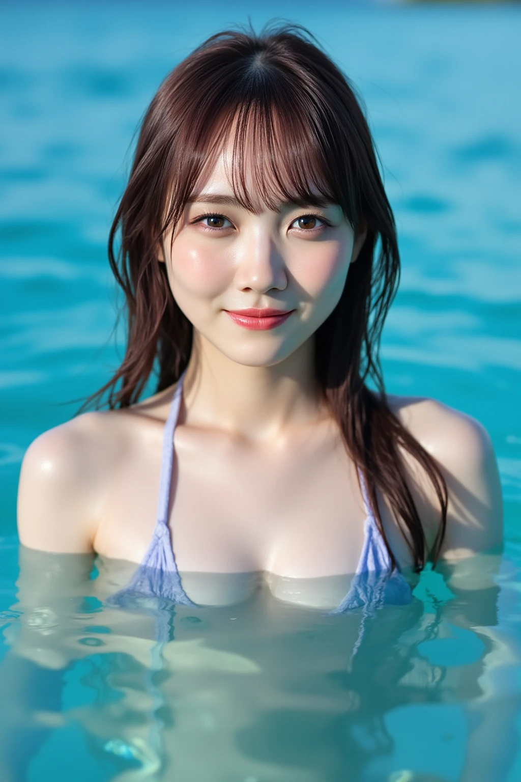 (Highest quality), (32k), (High resolution), (Masterpiece:1.5), marimo_jet, god々A photograph with brilliant dazzling and healing power., Evoking a sense of calm and elusive beauty, Expressing emotions, Have a rich imagination,Beautiful Japanese Girls, An exceptionally beautiful face, Small Face Beauty, Perfect Human Anatomy, Magical big eyes, Motherhood and generosity, Deep Love, fleeting smile, Shiny brown hair, Super Long Straight Silk Hair, Asymmetrical bangs, Hair between the eyes, Transparent, soft white skin, Sharp eyebrows, Thin lashes, Natural Makeup, Cheek highlighter, Detailed lips, , ((High-quality cobalt blue bikini:1.4)), High resolutionの完璧な鎖骨, High resolutionの美しい胸元, Slim figure with ample breasts, High resolutionの美しい太もも, ((Blue transparent sea:1.3)), Morning sunlight, Professional Lighting, Professional photographer, Professional models, god秘的