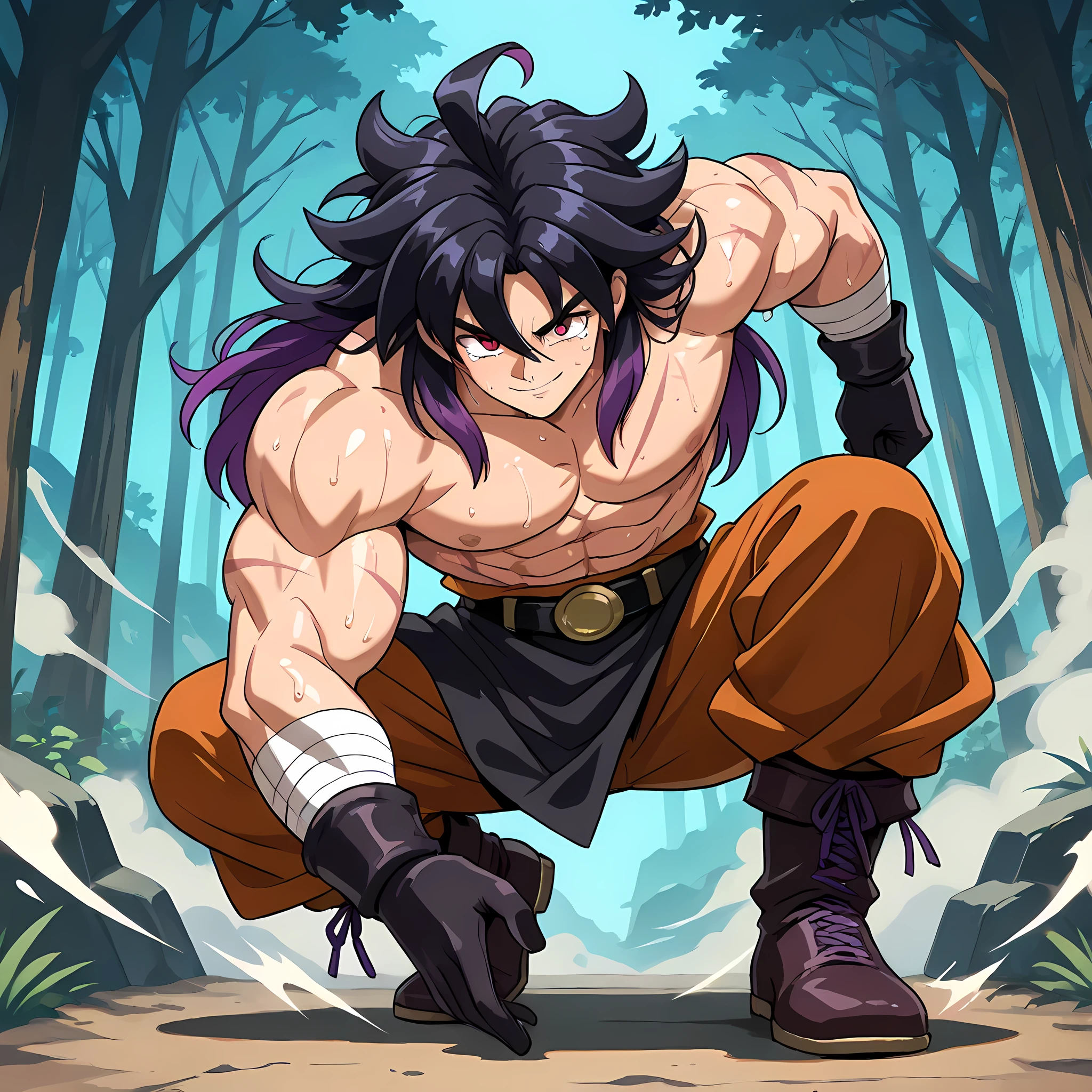 ((anime battle angle, walking, body upright)), ((directing his hands to punch the opponent, looking at the devastating dark magic attack unleashed from his punch, attack pressure, epic anime scene, 1man, solo, in battle pose, punch movement tearing through the wind, air pressure attack, attack trail through the dark forest, epic battle scene):1.10), (Chrono Trigger anime style:1.15, anime style warm colors, ultra quality, full HD, 4K quality, perfectly detailed eyes, rich scenery details, ultra facial details, ultra image sharpness, epic atmosphere, balanced light, character focus, attractive man), ((Chrono Trigger anime style gloomy forest, bats flying around, mountains visible in the distance, dense fog, distant kingdom seen on the horizon)), {Chrono from Chrono Trigger}:((Adventurer's outfit, rushing forward to attack, muscular body uncovered, black skull printed on Aladdin-style pants, sarcastic behavior, cruel smile, man looking dangerous, red eyes, half-closed gaze, brown Indian style pants, black belt, black bracelets, skull-shaped ahoge hair, sweaty skin, black cloth boots with purple laces, very long, messy hair at the ends, two-tone black hair, lilac highlights at the ends of the hair, ultra-detailed pupils, wearing black gloves, bandages around muscular arms, scars all over the body)), ((muscular chest, strong body, man with a defined body, mature, adult man's look)).