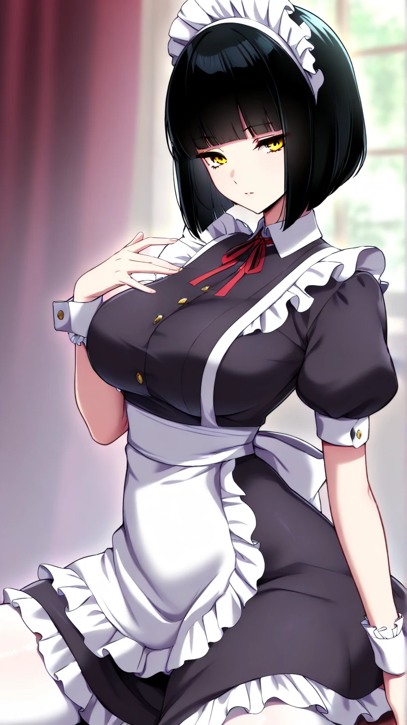 jirou kyouka, General, 1girl, alternate costume, apron, audio jack, black dress, breasts, cleavage, dress, enmaided, long earlobes, looking at viewer, maid, maid apron, purple eyes, purple hair, short hair, small breasts, solo, white apron, white background