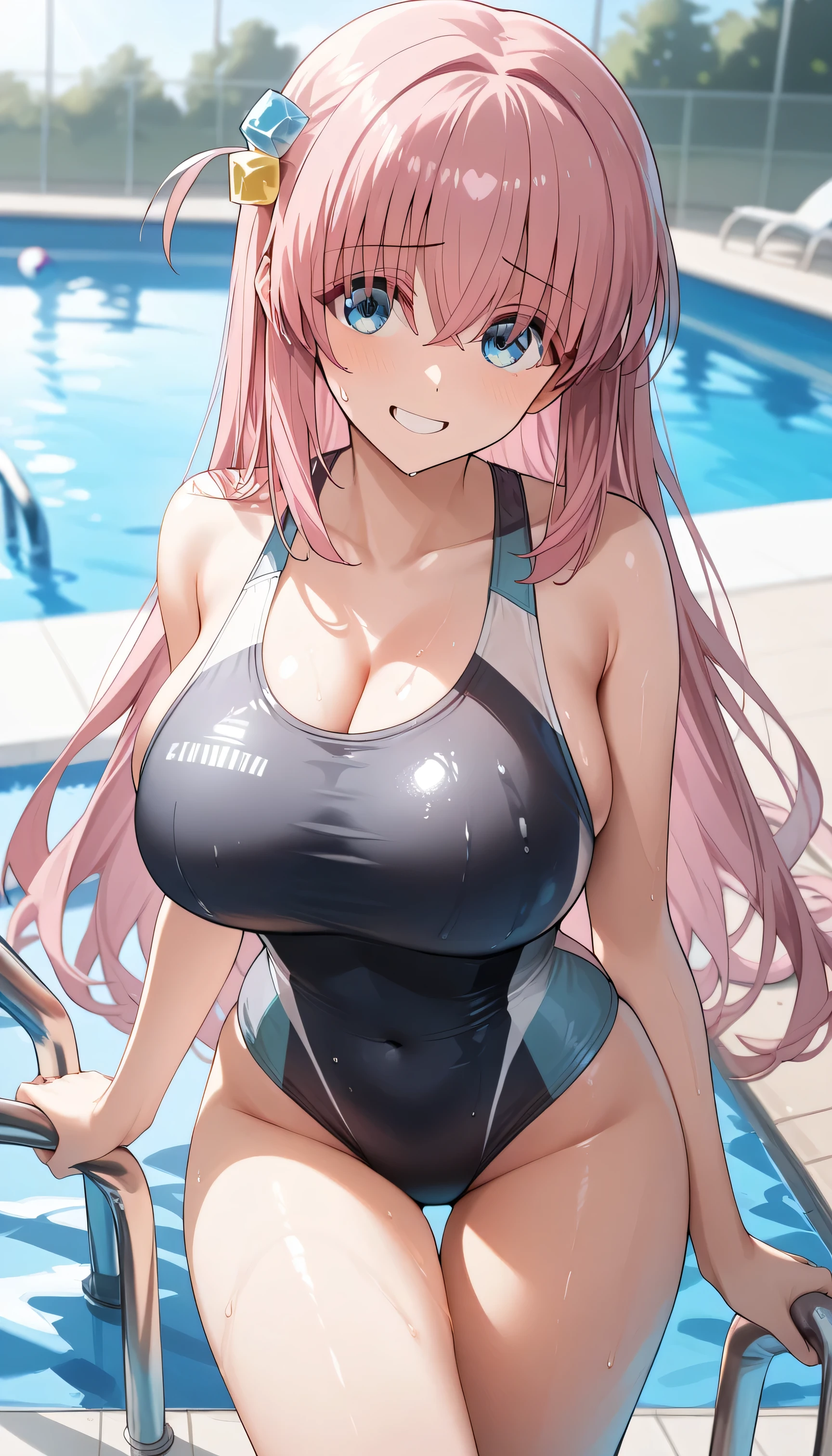 {{{masterpiece}}}, {{{best quality}}}, {{ultra-detailed}}, {illustration}, {{an extremely delicate and beautiful}}, (beautiful detailed eyes:1.6), extremely detailed face, 8k, anime face, nodoka haramura(Saki), cute face, blue eyes, hair bow, long hair, pink hair, red bow, twin tails, large breasts, thin waist, big hips, curvaceous, BREAK,swimsuit, one-piece swimsuit, school swimsuit, old school swimsuit, (gris swimsuit:1.3), covered navel, collarbone, blue one-piece swimsuit, strap slip, BREAK, swimsuit aside, wet, pool, embarrassed, flushed cheeks, thighs, bare arms, cowboy shot, standing, outdoor, sky, daytime, Dutch angle, cameltoe